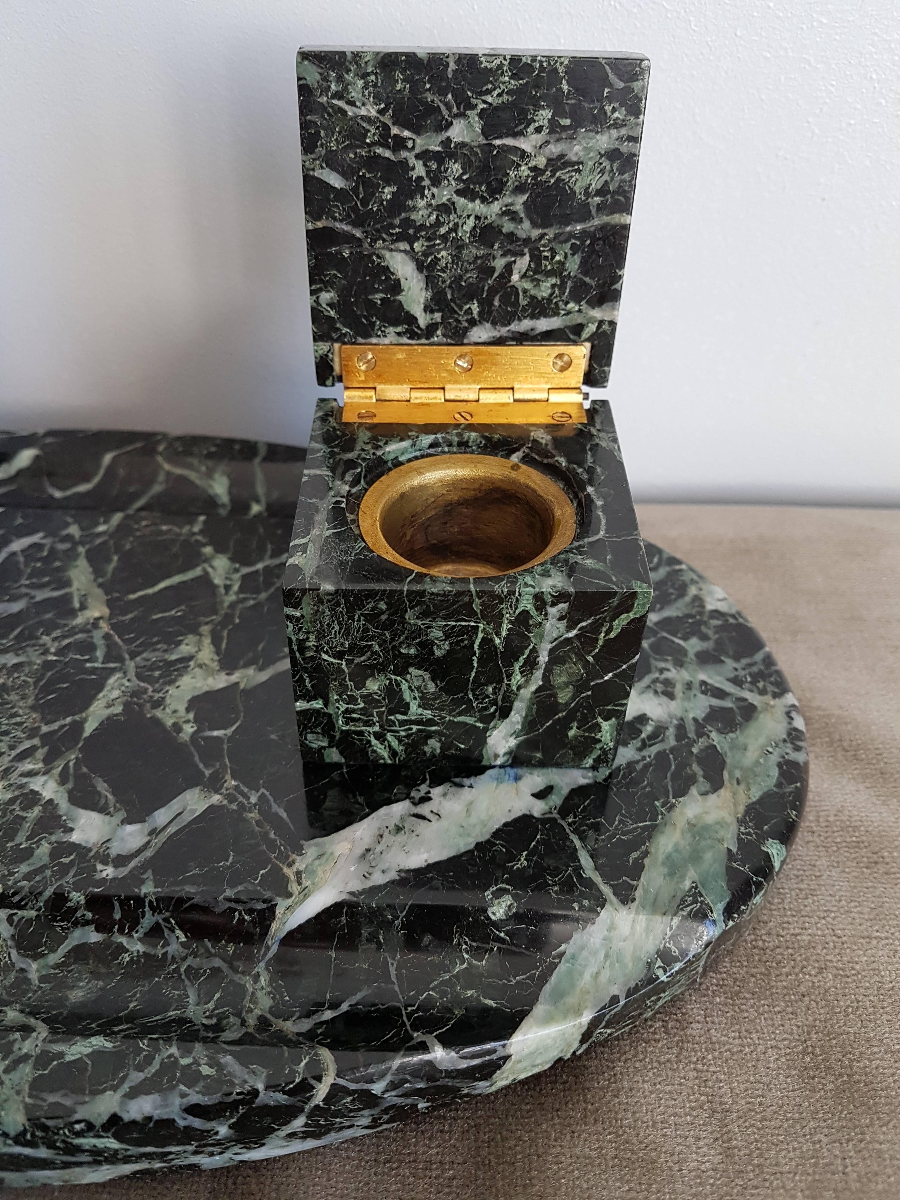 French Art Deco Black Green and White Marble Inkwell, France 1930