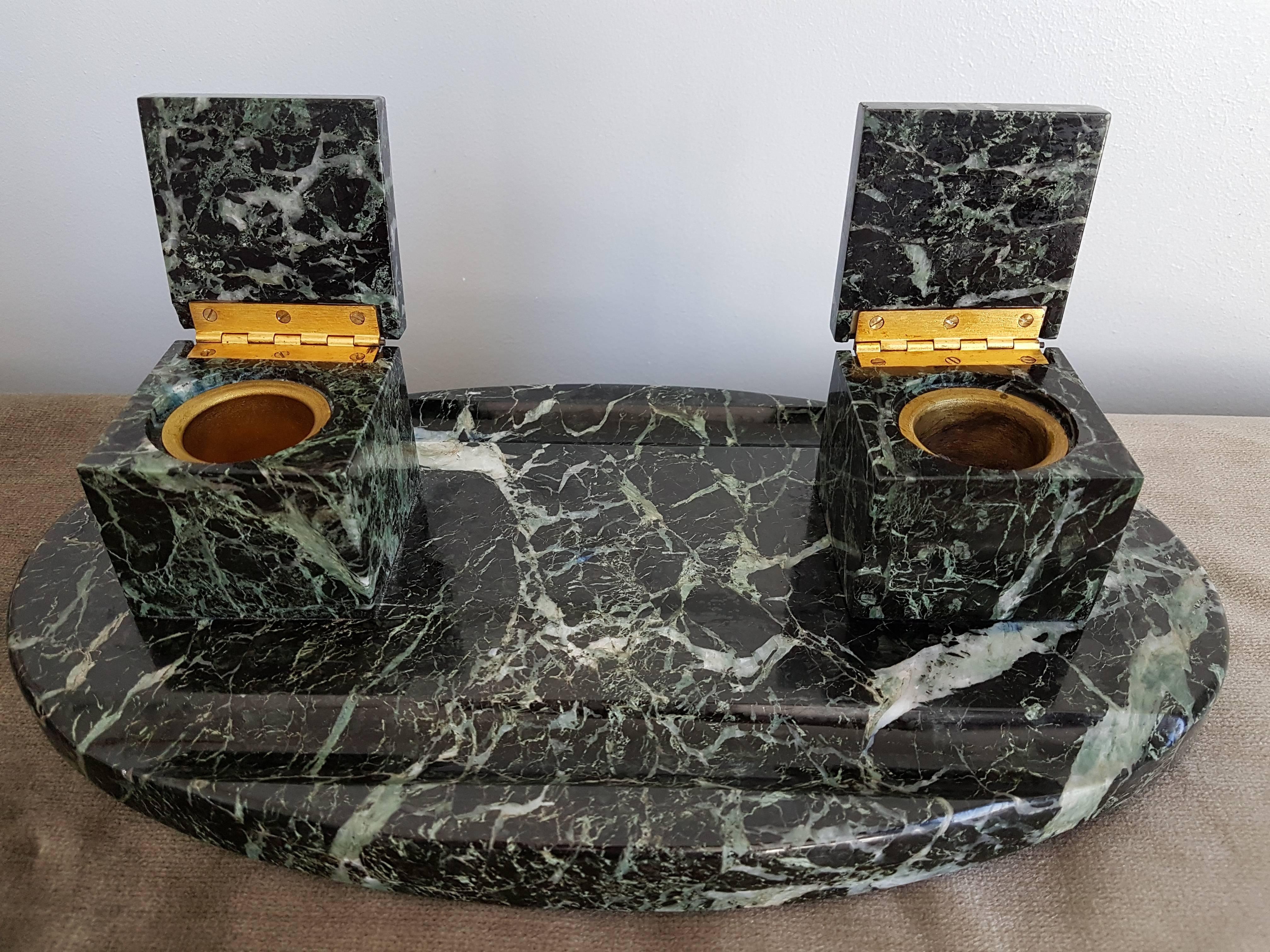 Mid-20th Century Art Deco Black Green and White Marble Inkwell, France 1930