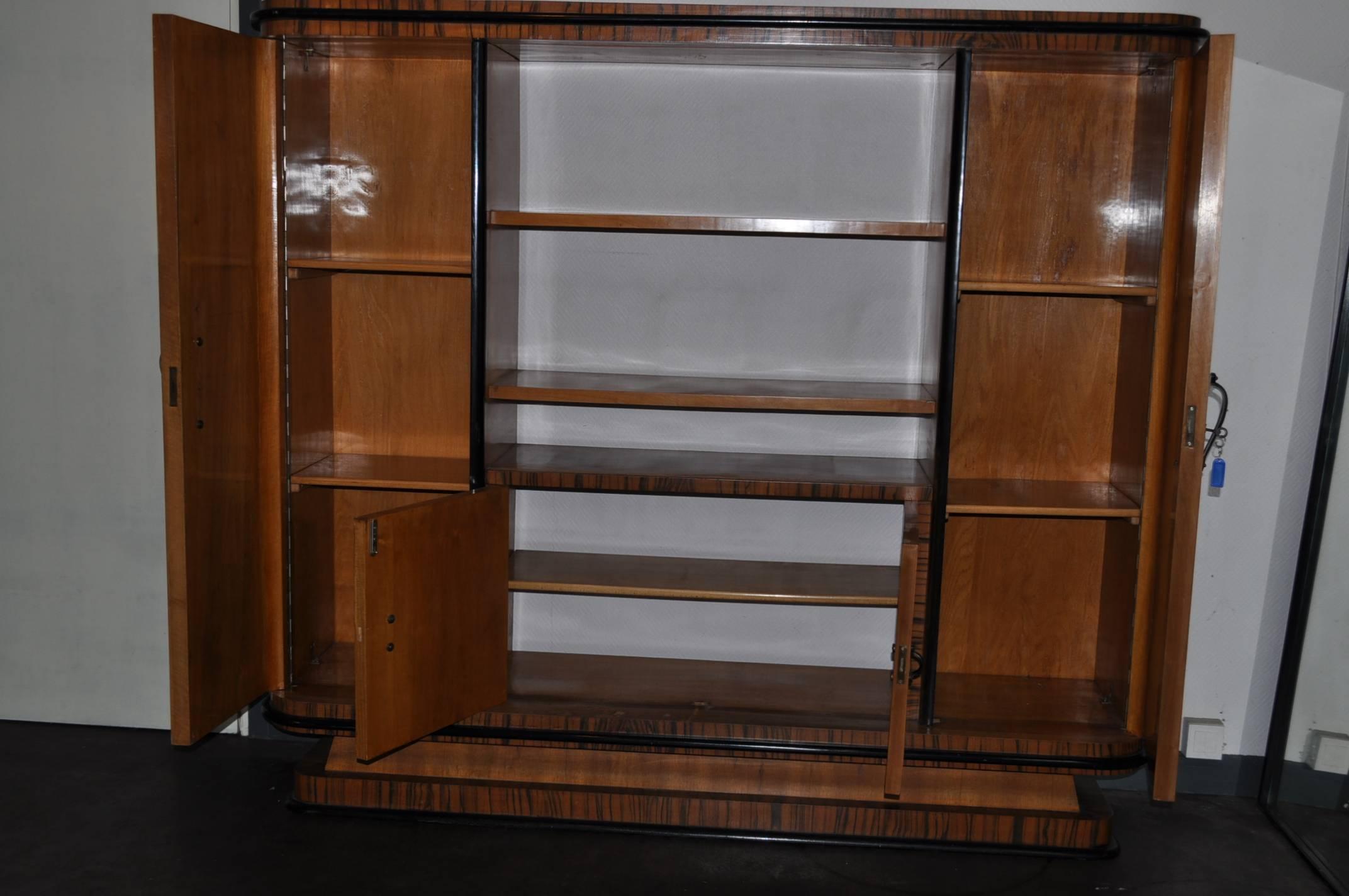Mid-20th Century Rare Macassar French Art Deco Office Set Desk Table, Bookcases and Armchair