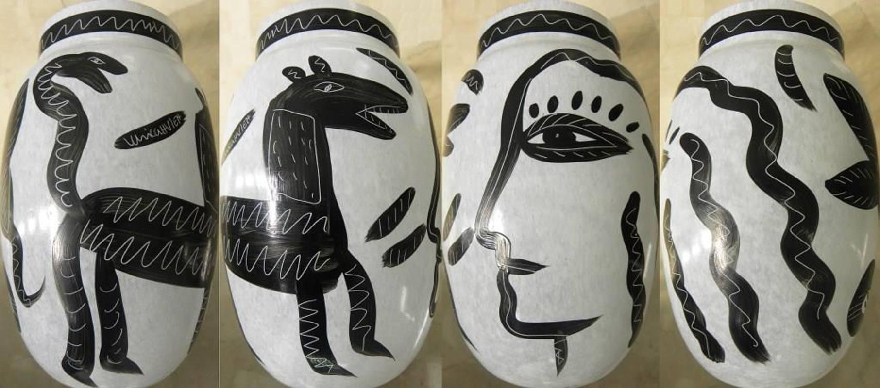 Hand-Painted Rare Post-Modernism Black and White Pair of Swedish Vases