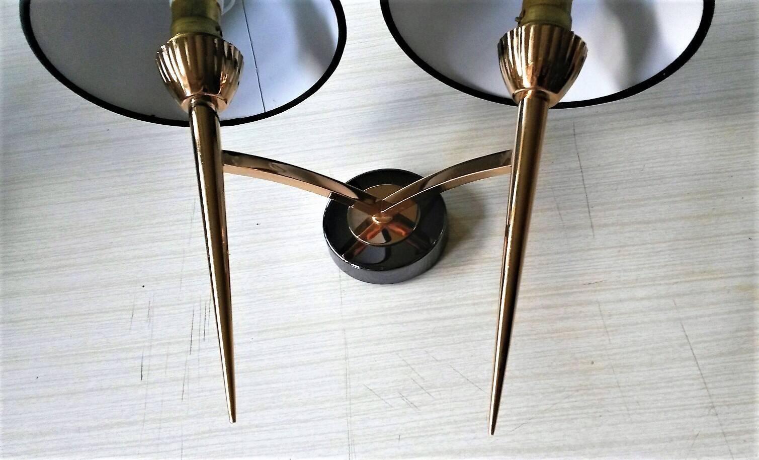 French Set of Three Mid-Century Modern 2 arm Bronze Sconces by Lunel, France
