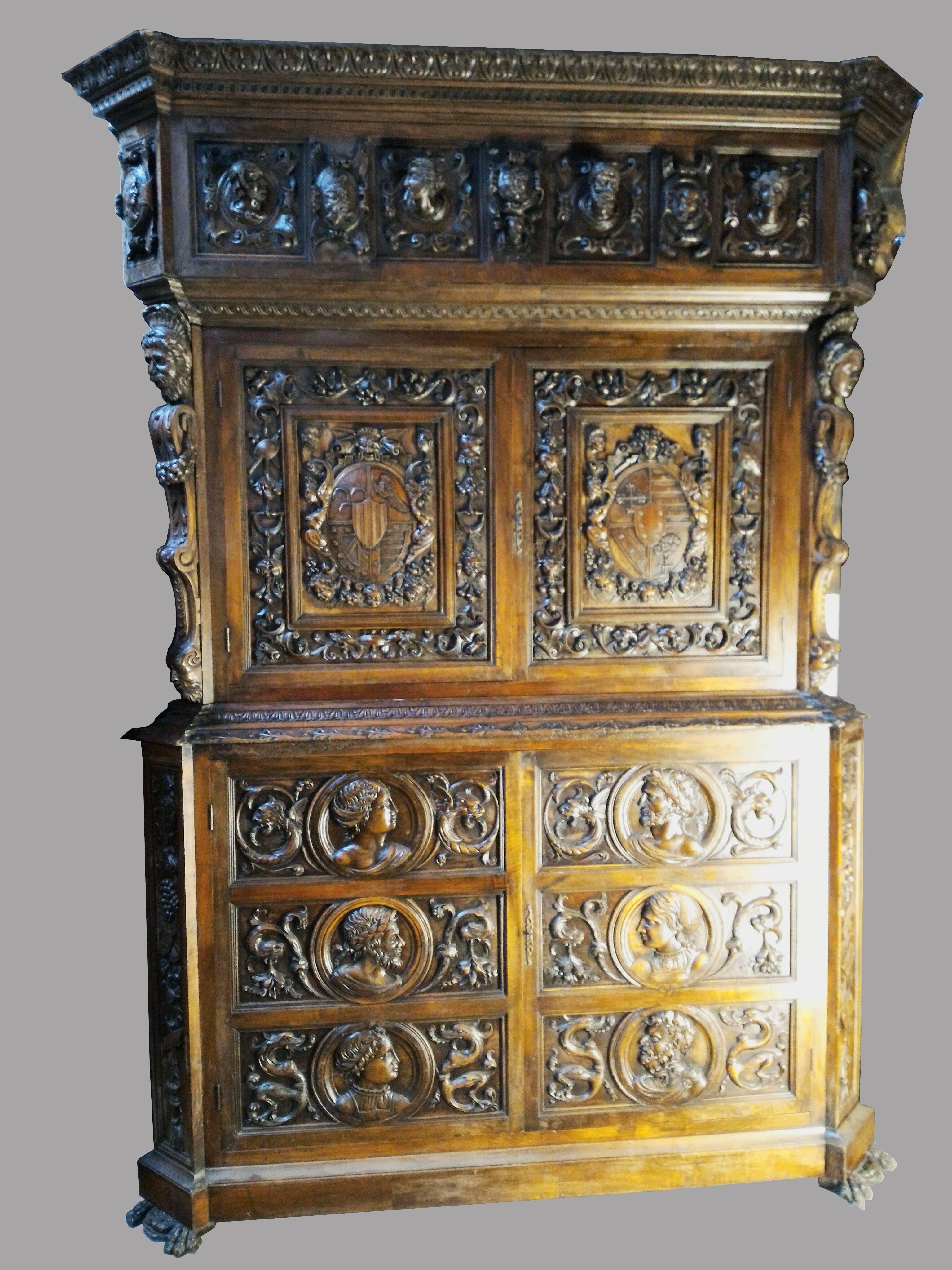 Impressive Renaissance Revival style in solid hand-carved walnut wood. Majestic size, shape and ornaments.
Richly carved and decorated with Royal coat of arms and noble characters. In a very good original condition.
France, 19th century, circa