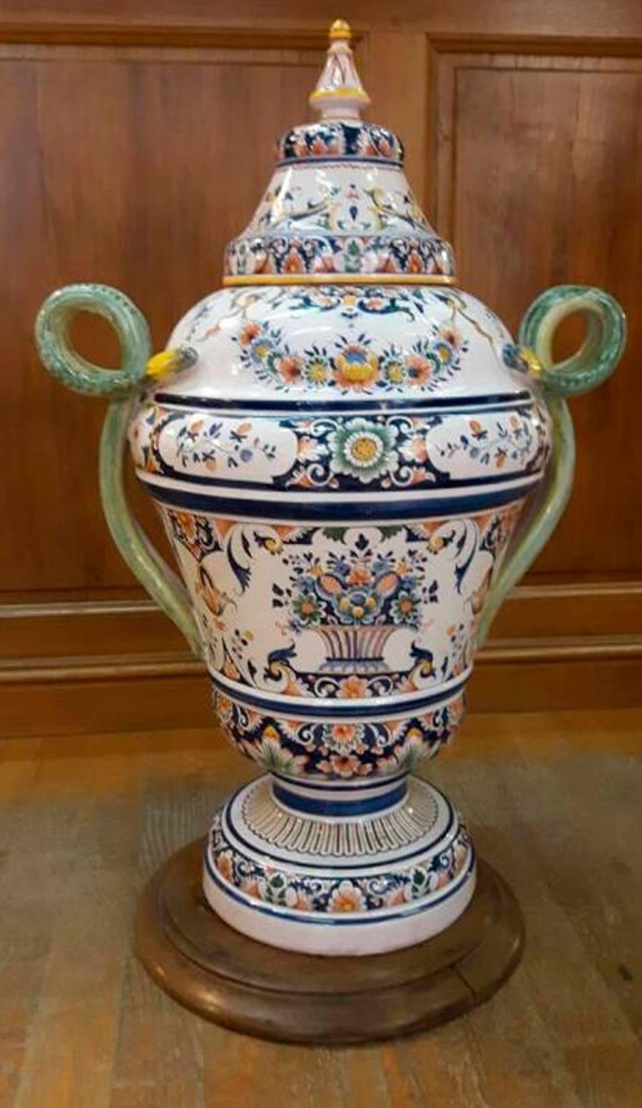 One of kind handcrafted, hand-painted French Provincial style Faience de Rouen pharmacy bottle pot of Theriaca ( a mixture of many drugs and honey formerly held to be an antidote to poison)
Made in the authentic old style way in the antique and