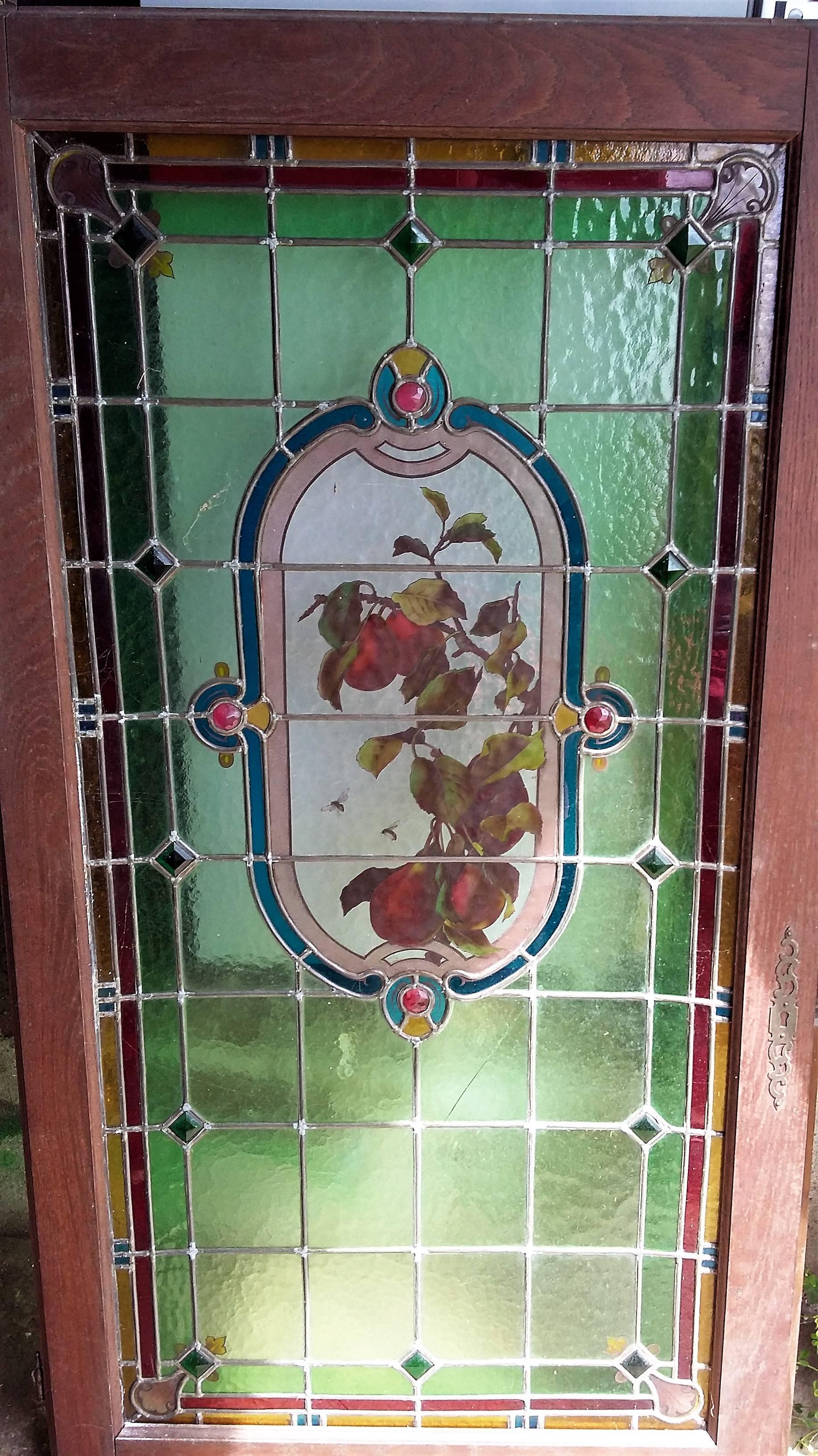Large size beautiful framed two stained glass lead window French Provincial, authentic, with its lock and key, framed, massive oak wood, gorgeous colors with fruits and floral motifs. Made in the old style traditional stained glass french way.