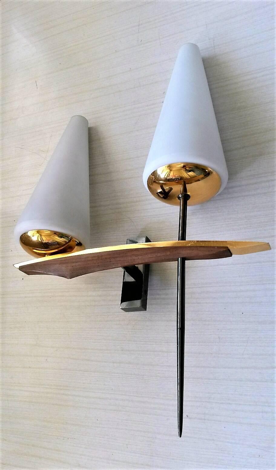 Brass Pair of Double Sconces, French Mid-Century Modern by Maison Arlus