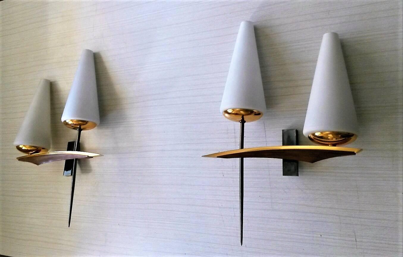Pair of Double Sconces, French Mid-Century Modern by Maison Arlus 2