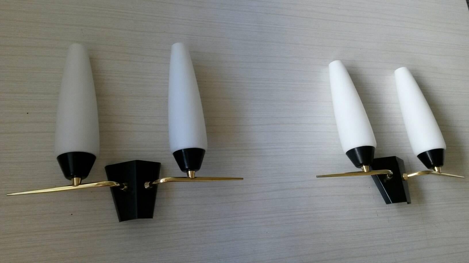 Lacquered Elegant Pair of French Mid-Century Sconces by Lunel
