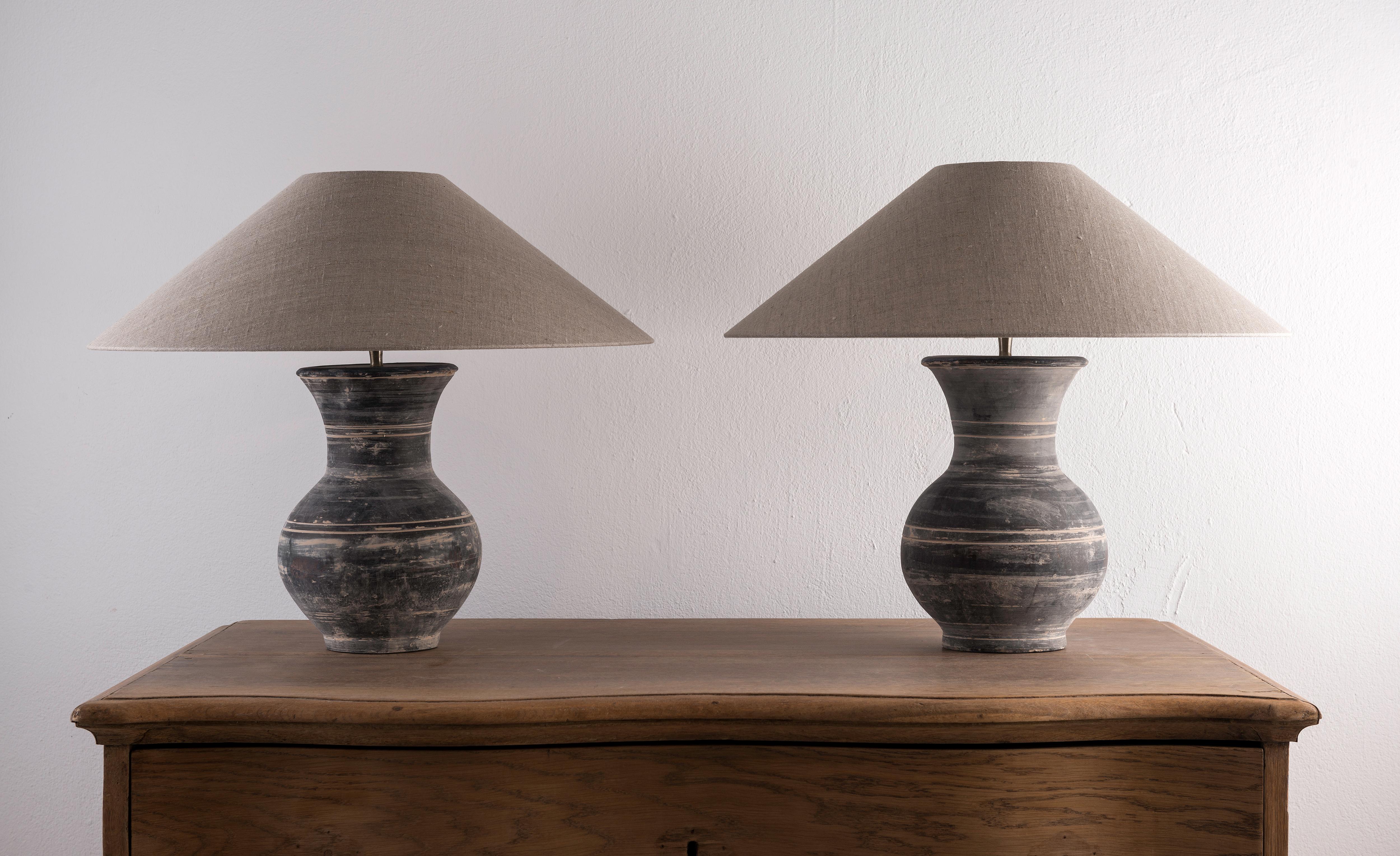 Pottery Pair of Han Style Lamp with Handmade Belgian Linen Shades