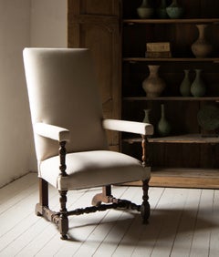 Louis XIII French Armchair in Walnut and Belgian Linen