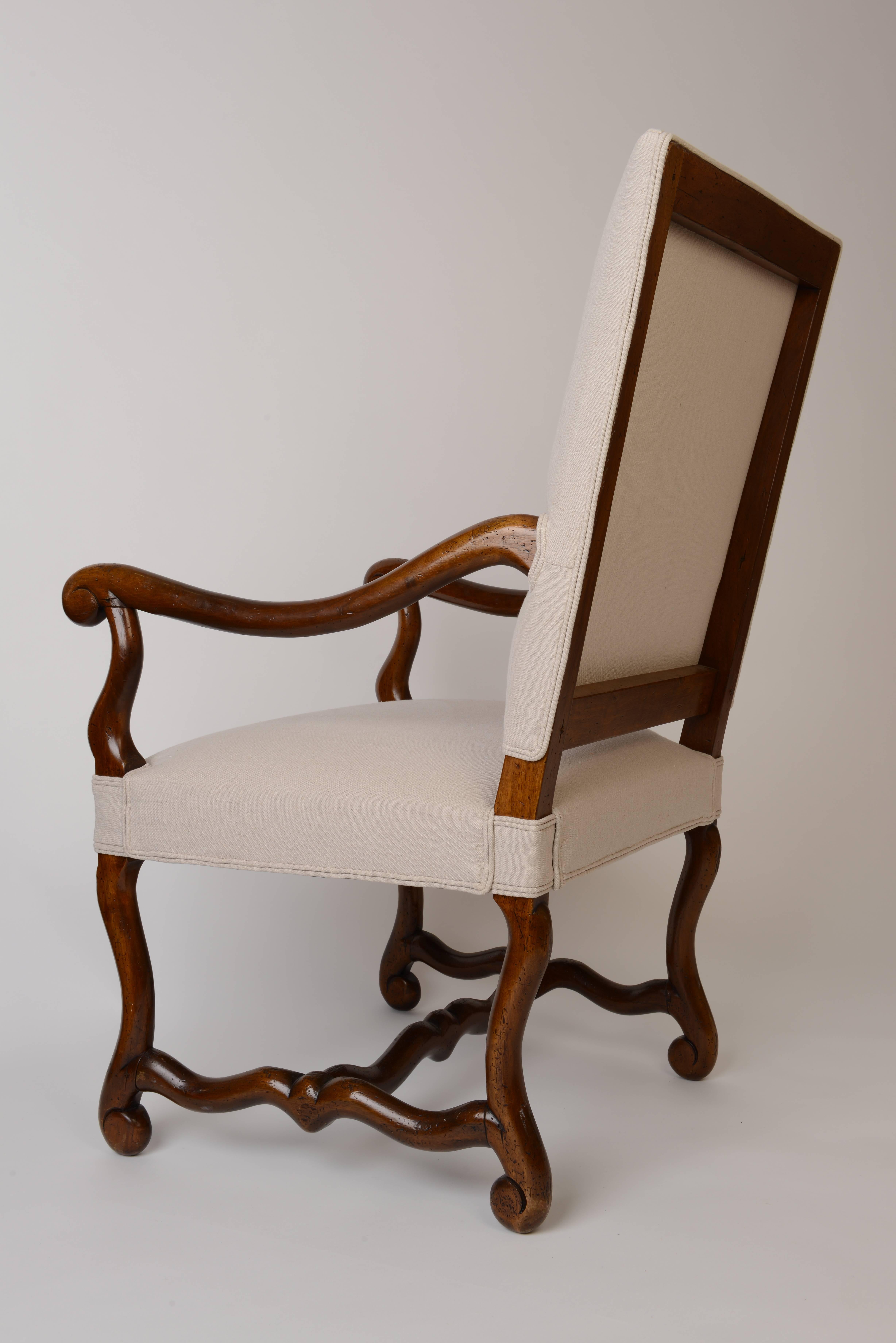 Baroque 18th Century, French Os de Mouton Armchair in Walnut and Belgian Linen