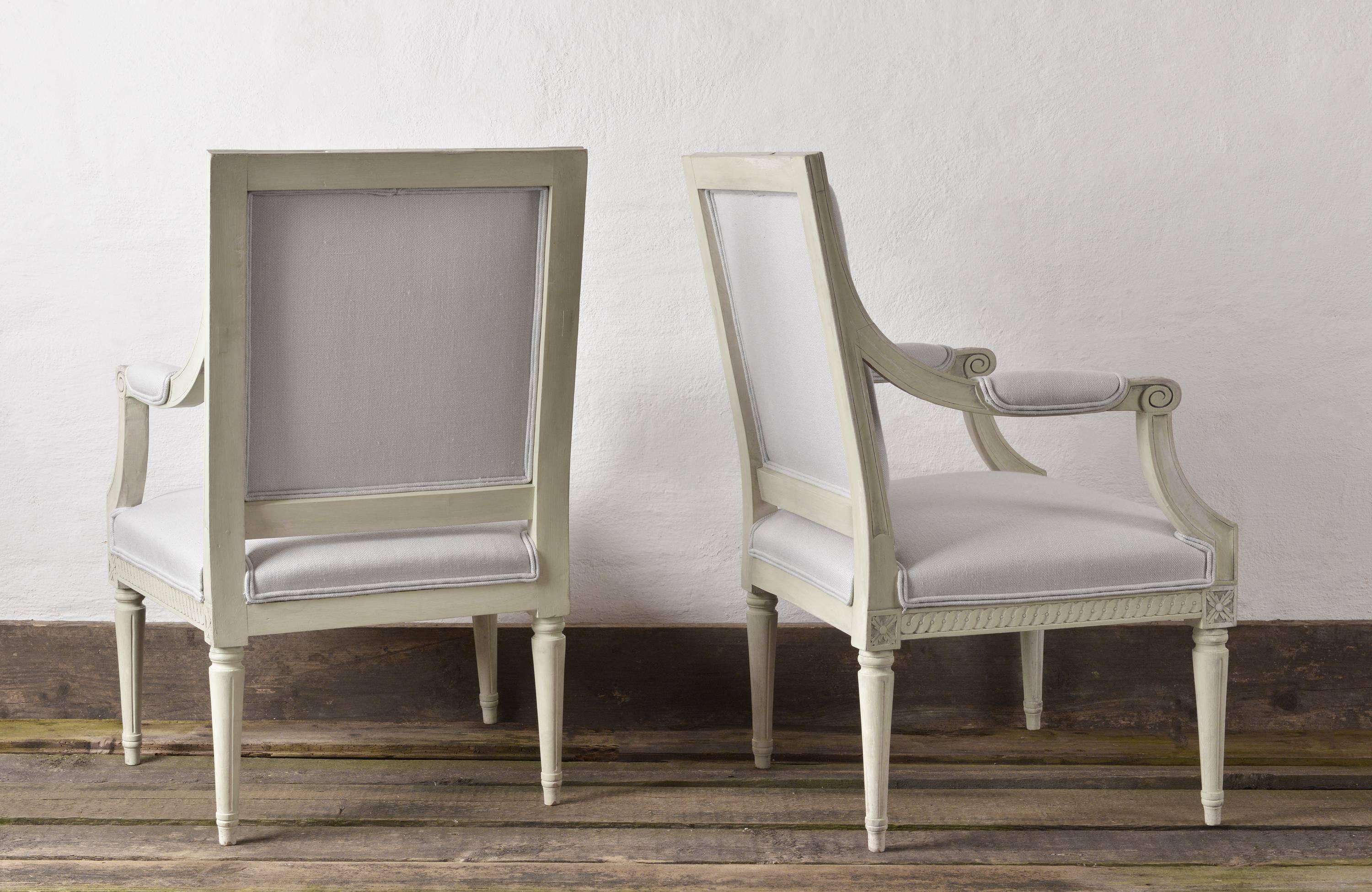Swedish Richly Carved Gustavian Style Pair of Armchairs in Light Blue Linen