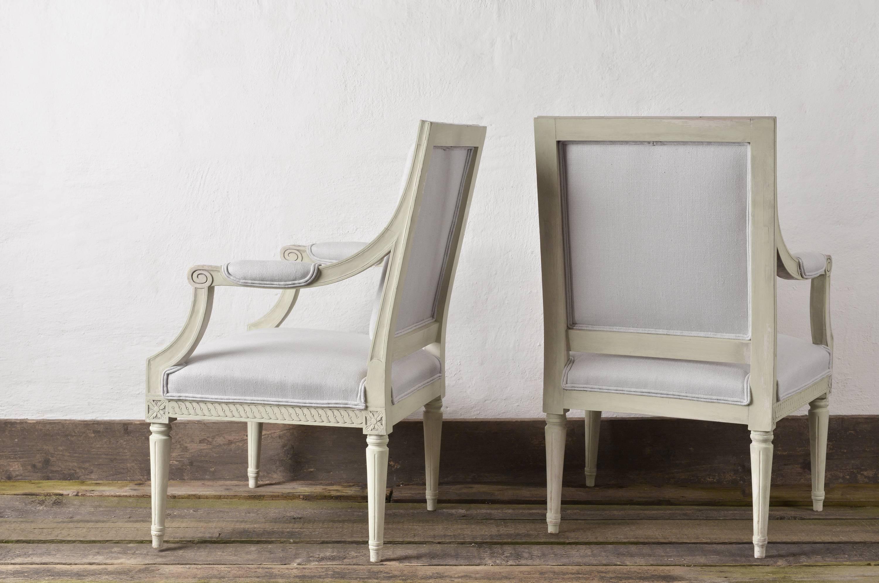 20th Century Richly Carved Gustavian Style Pair of Armchairs in Light Blue Linen
