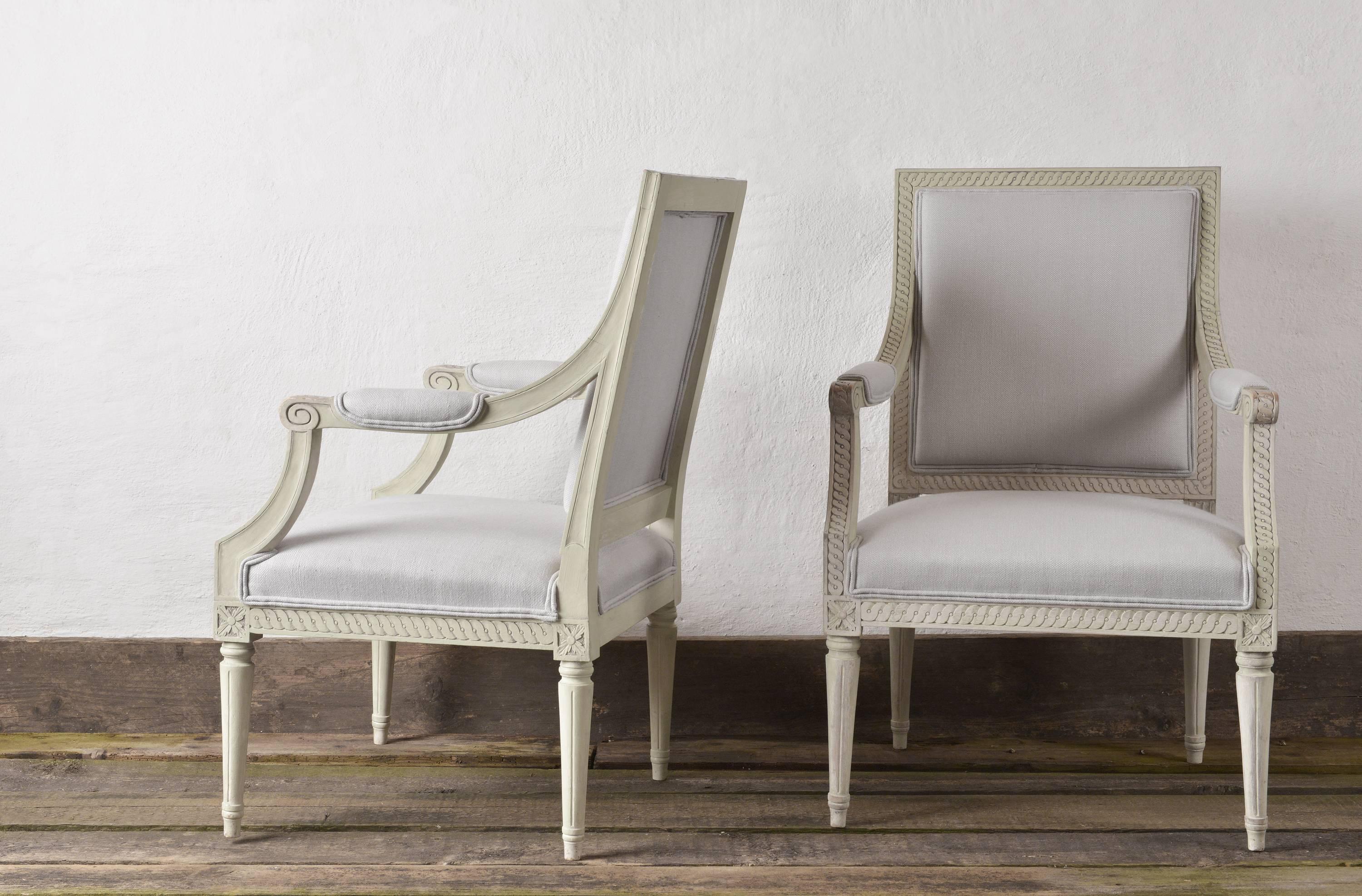 Richly Carved Gustavian Style Pair of Armchairs in Light Blue Linen 1