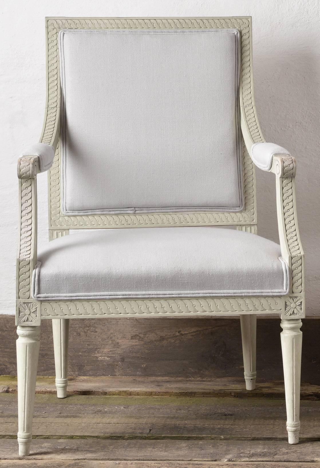 Richly Carved Gustavian Style Pair of Armchairs in Light Blue Linen 2