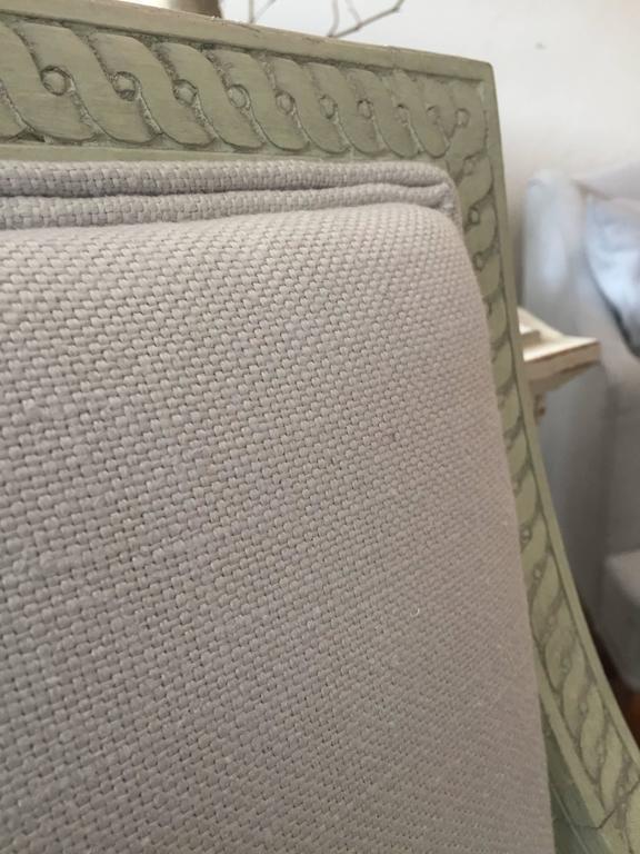 Richly Carved Gustavian Style Pair of Armchairs in Light Blue Linen at