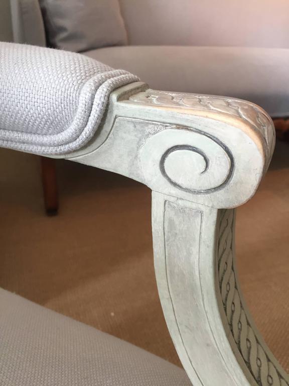 Richly Carved Gustavian Style Pair of Armchairs in Light Blue Linen at