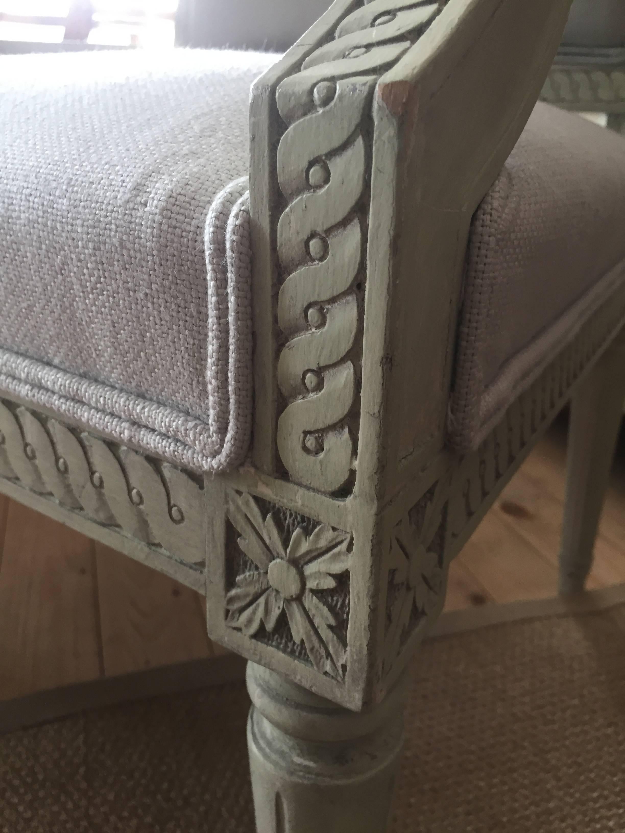 Richly Carved Gustavian Style Pair of Armchairs in Light Blue Linen 5