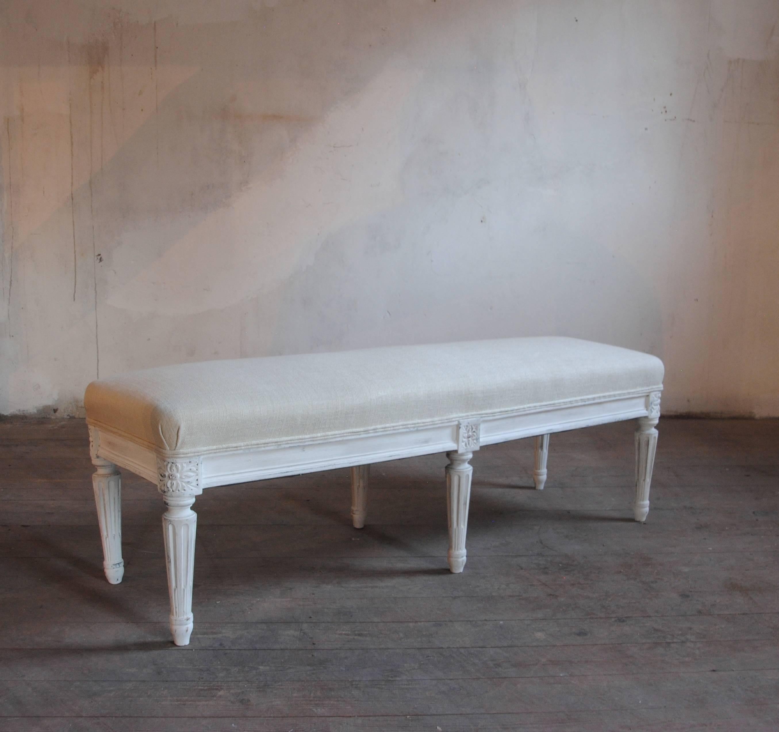 Elegant Gustavian Style bench, circa 1880. Covered in Pierre Frey Linen. Would look beautiful in a hall, in front of a fireplace or at the foot of a bed.