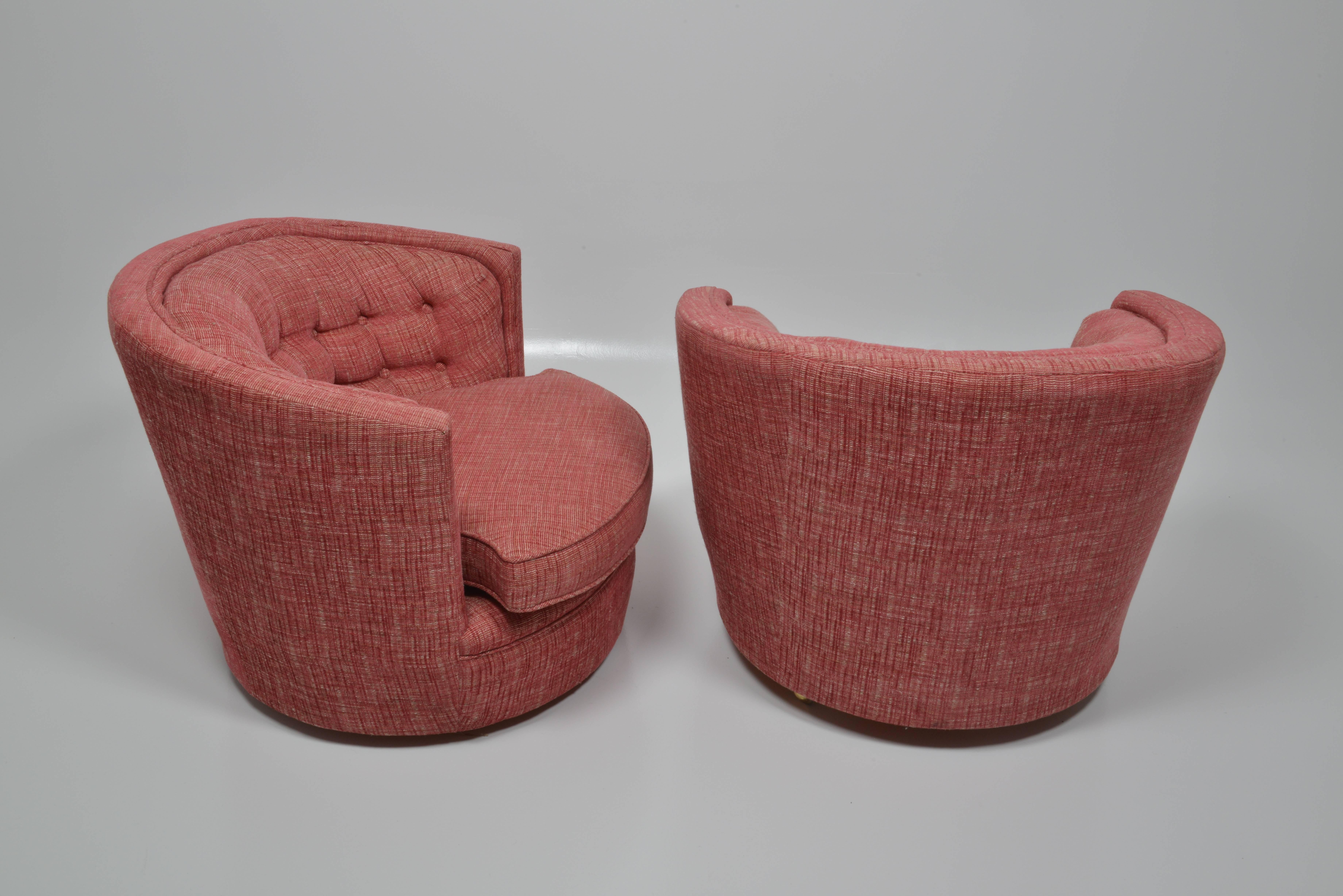 Pair of Milo Baughman swivel easy chairs, original fabric, one swivel missing, USA, 1970.