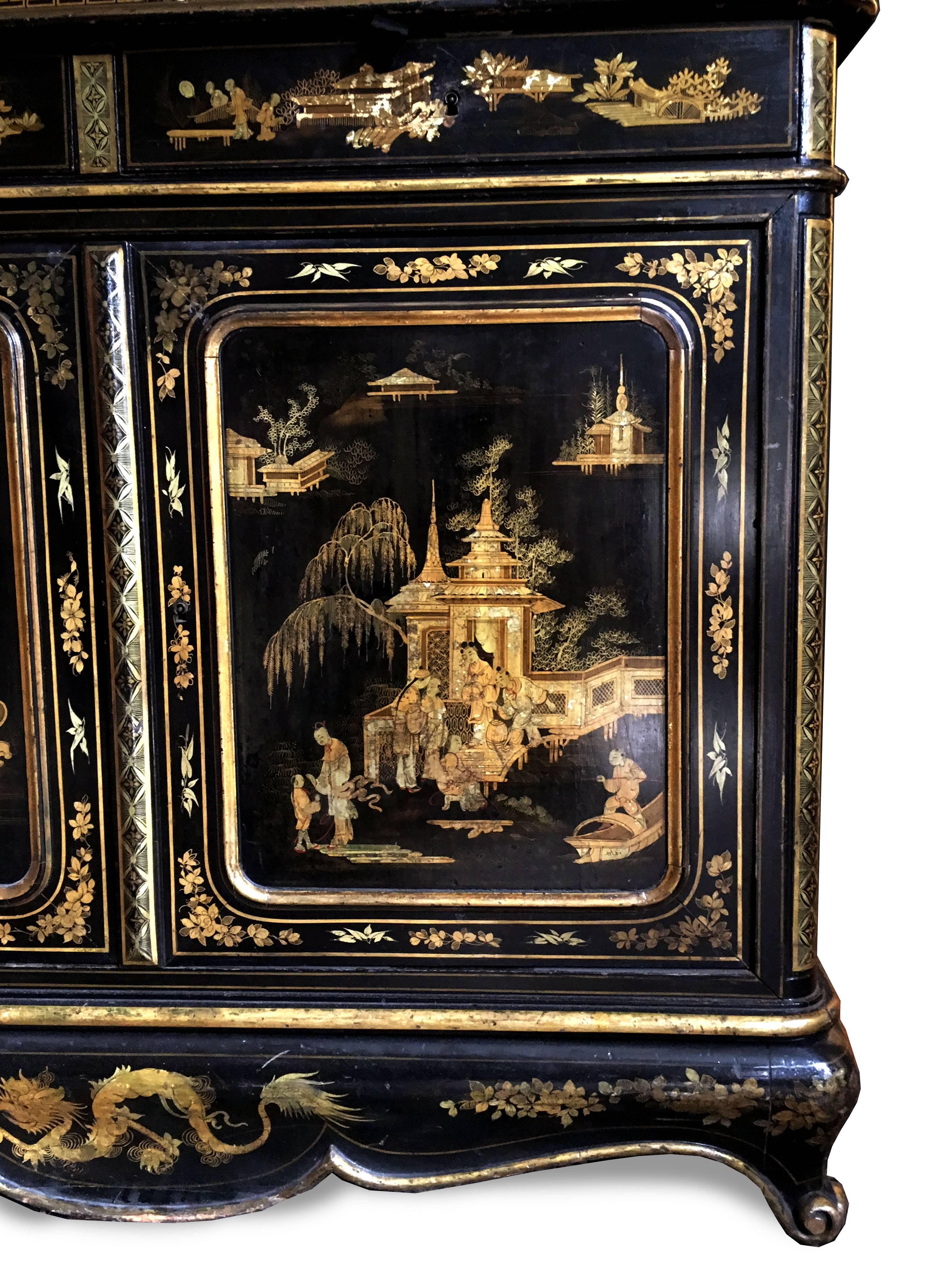 Late 19th Century 19th Century Chinoiserie Parcel Gilt Bookcase and Cabinet
