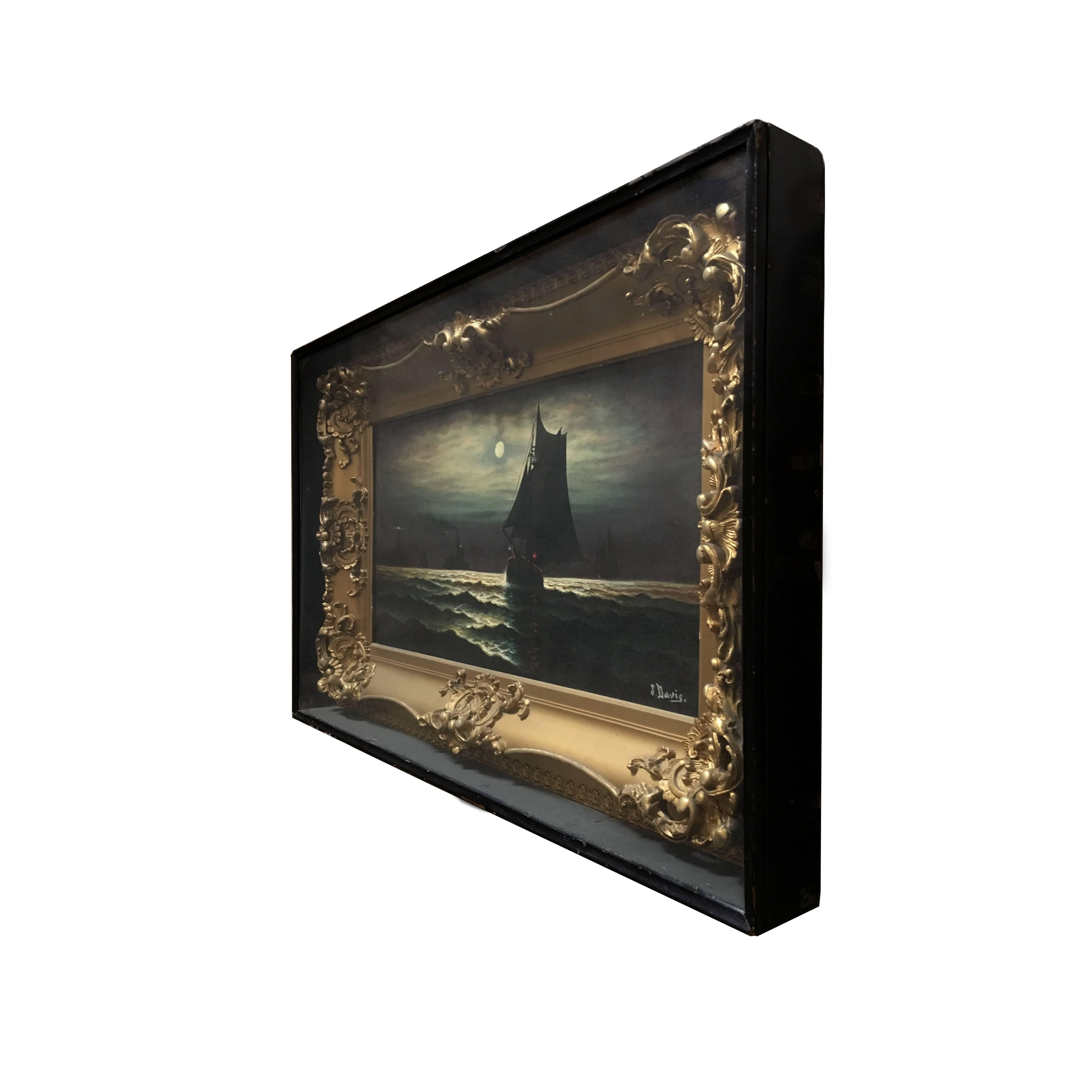 Oil on canvas of a moonlit seascape exhibits the height of the talents of the masterful English painter John Valentine Davis. Born in Liverpool he apprenticed under his father William Davis, also a painter. A distinguished member of the Royal