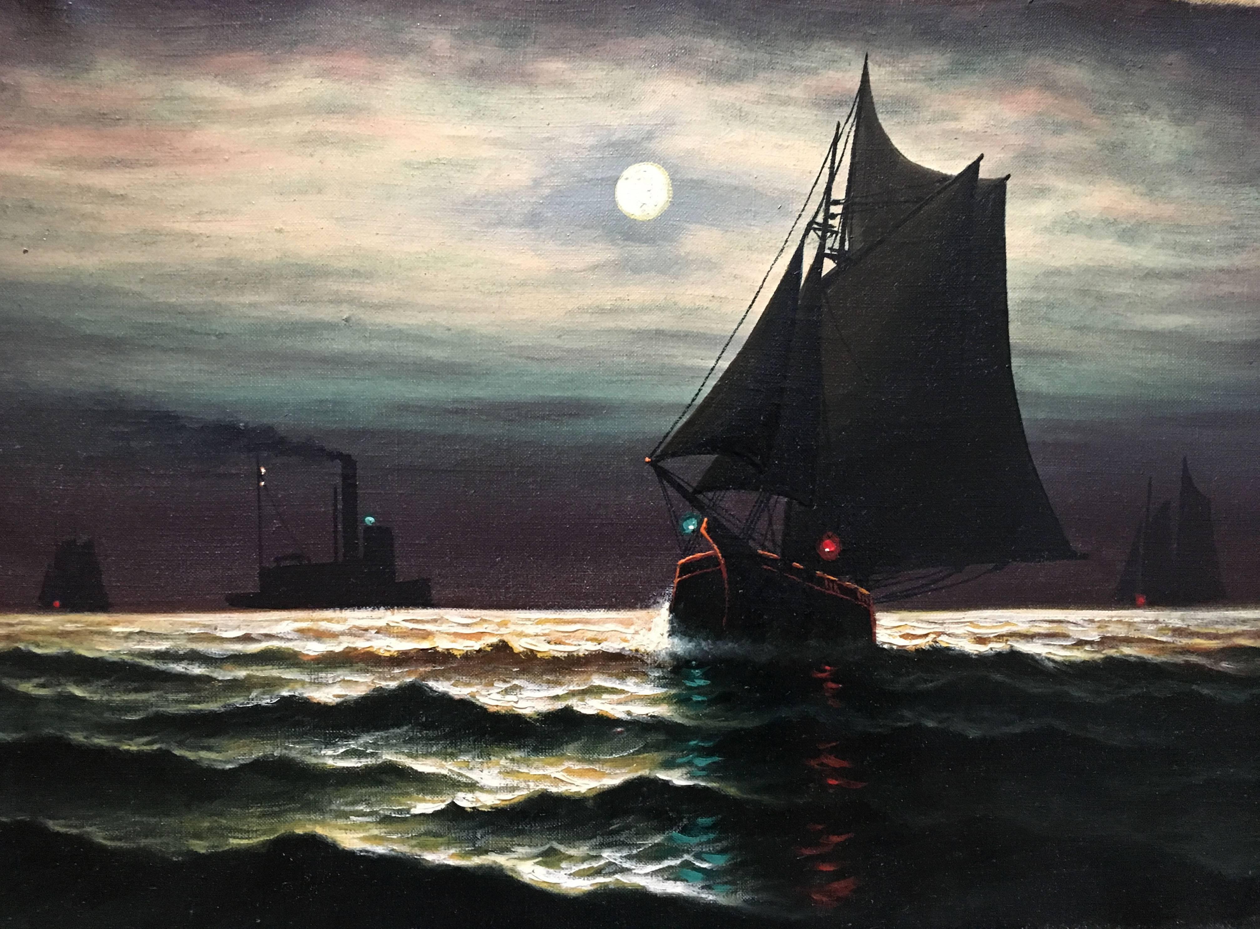 Late 19th Century 19th Century Seascape Painting by J. V. Davis in Shadow Box and Gilt Frame