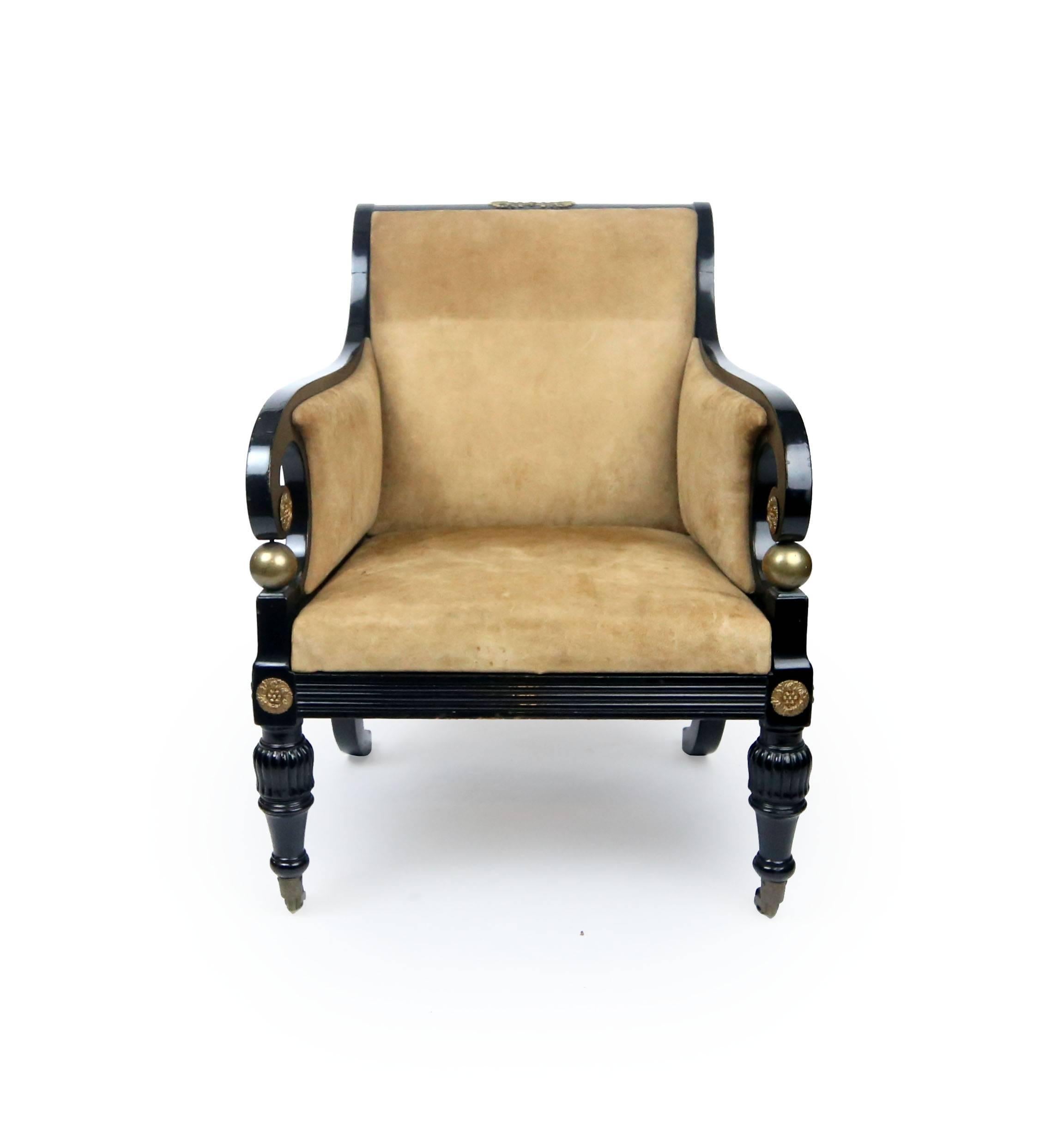 Early 19th Century Regency Ebonized Club Chair with Gilt Ormolu Details In Good Condition In Brooklyn, NY