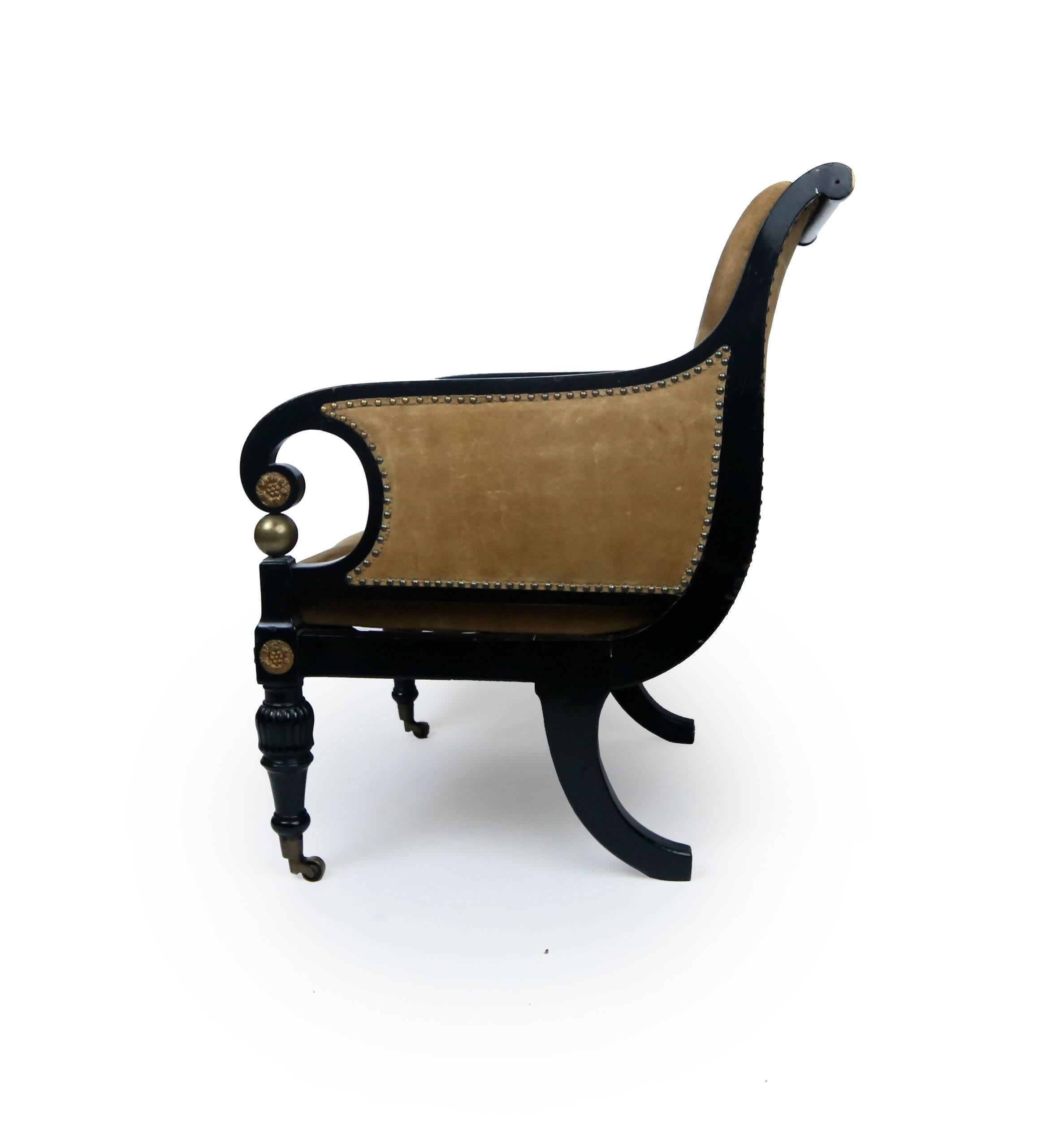 English Early 19th Century Regency Ebonized Club Chair with Gilt Ormolu Details