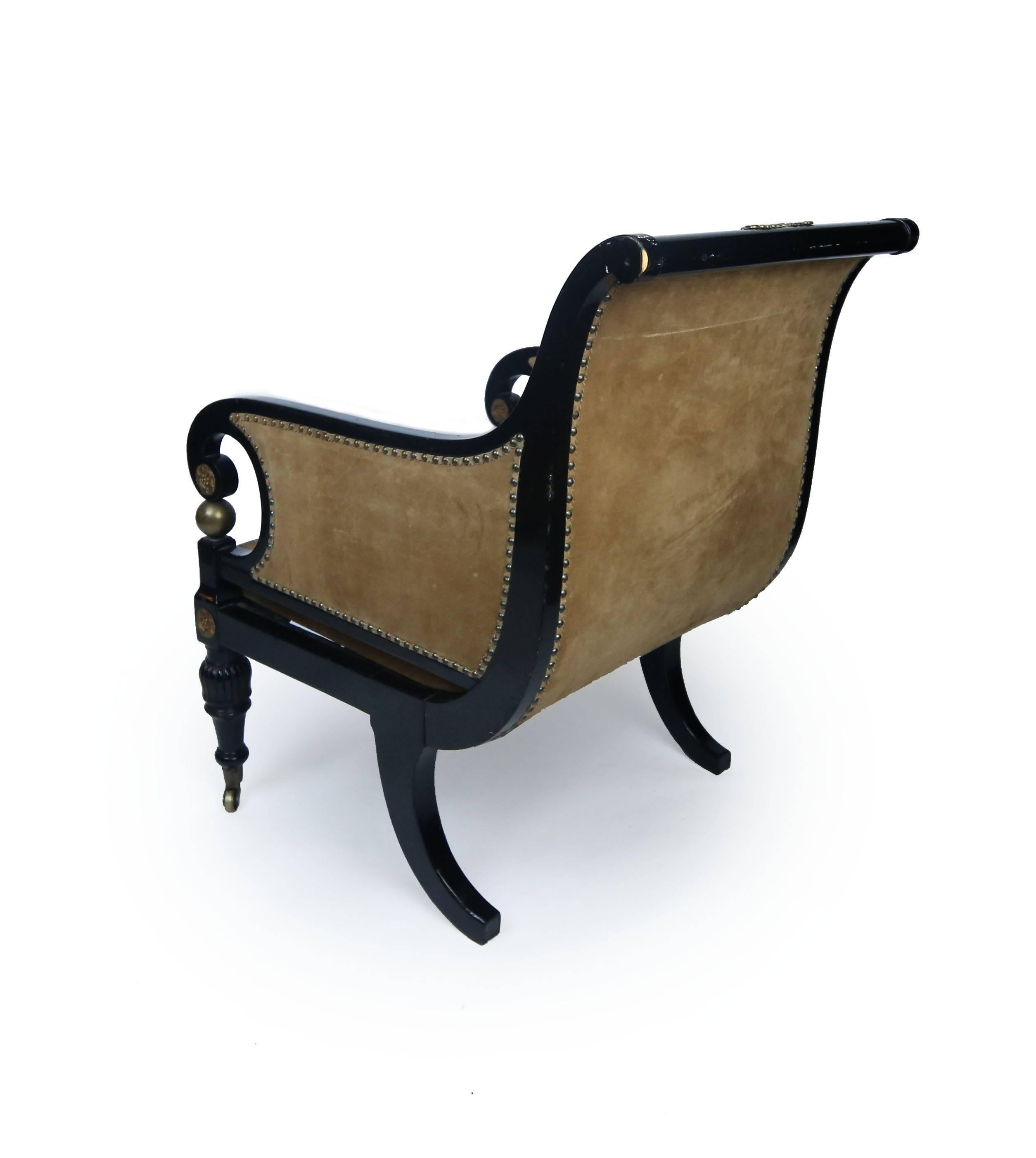 Gilt Metal Early 19th Century Regency Ebonized Club Chair with Gilt Ormolu Details
