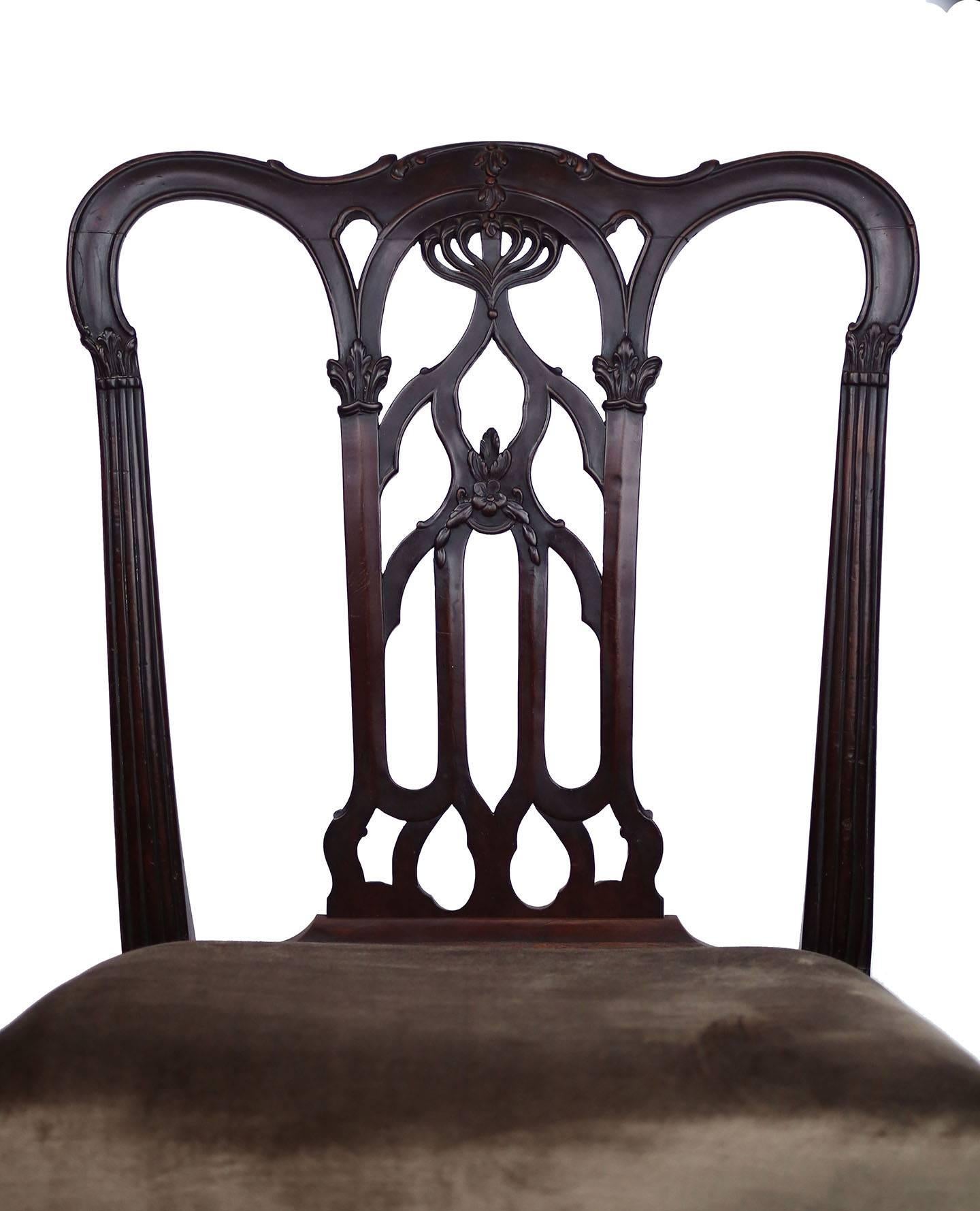 Late 18th Century 18th Century English Gothic Chippendale Mahogany Side Chair in Grey Velvet