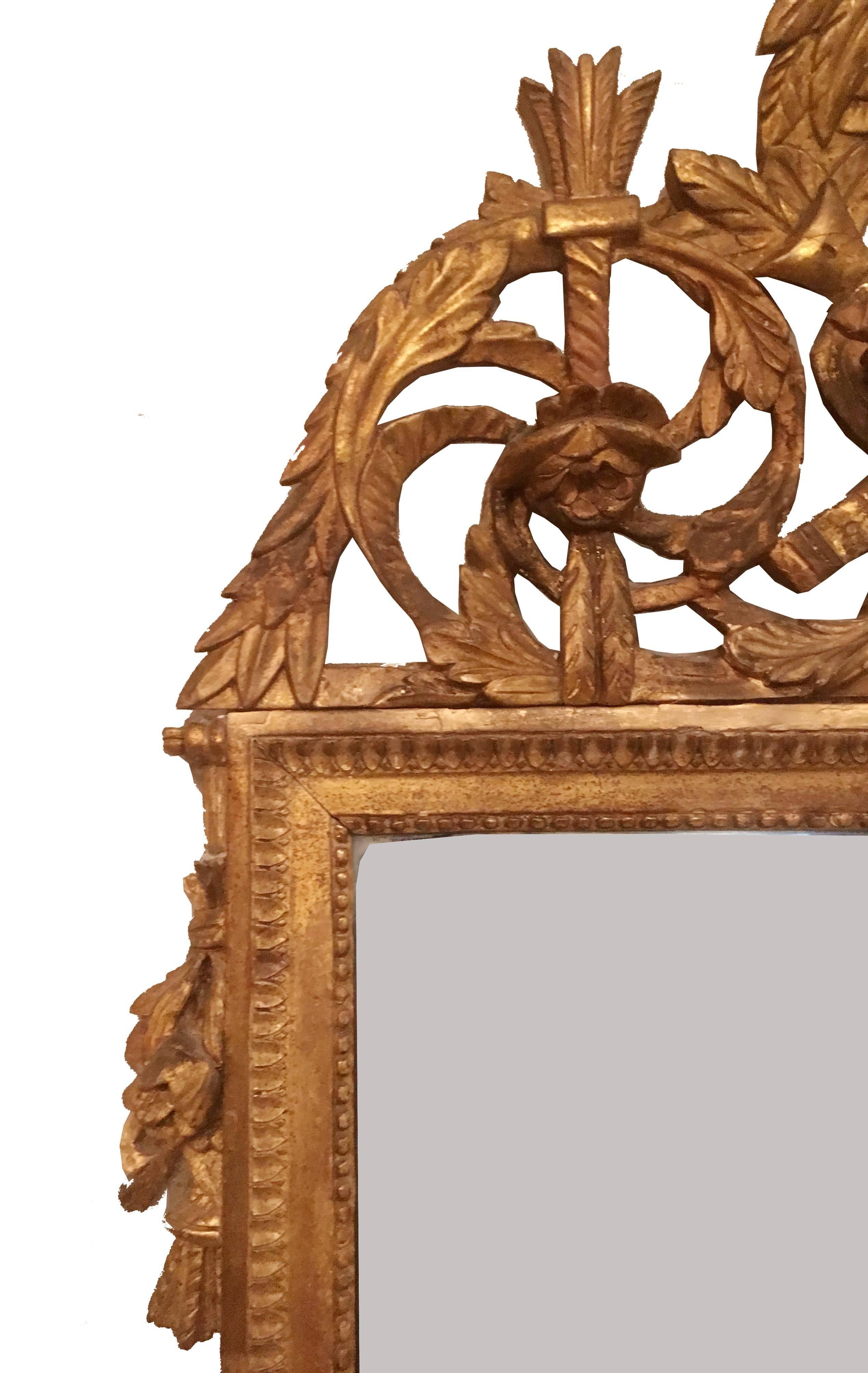 Gesso Late 18th Century French Neoclassical Giltwood Mirror Looking Glass with Crown