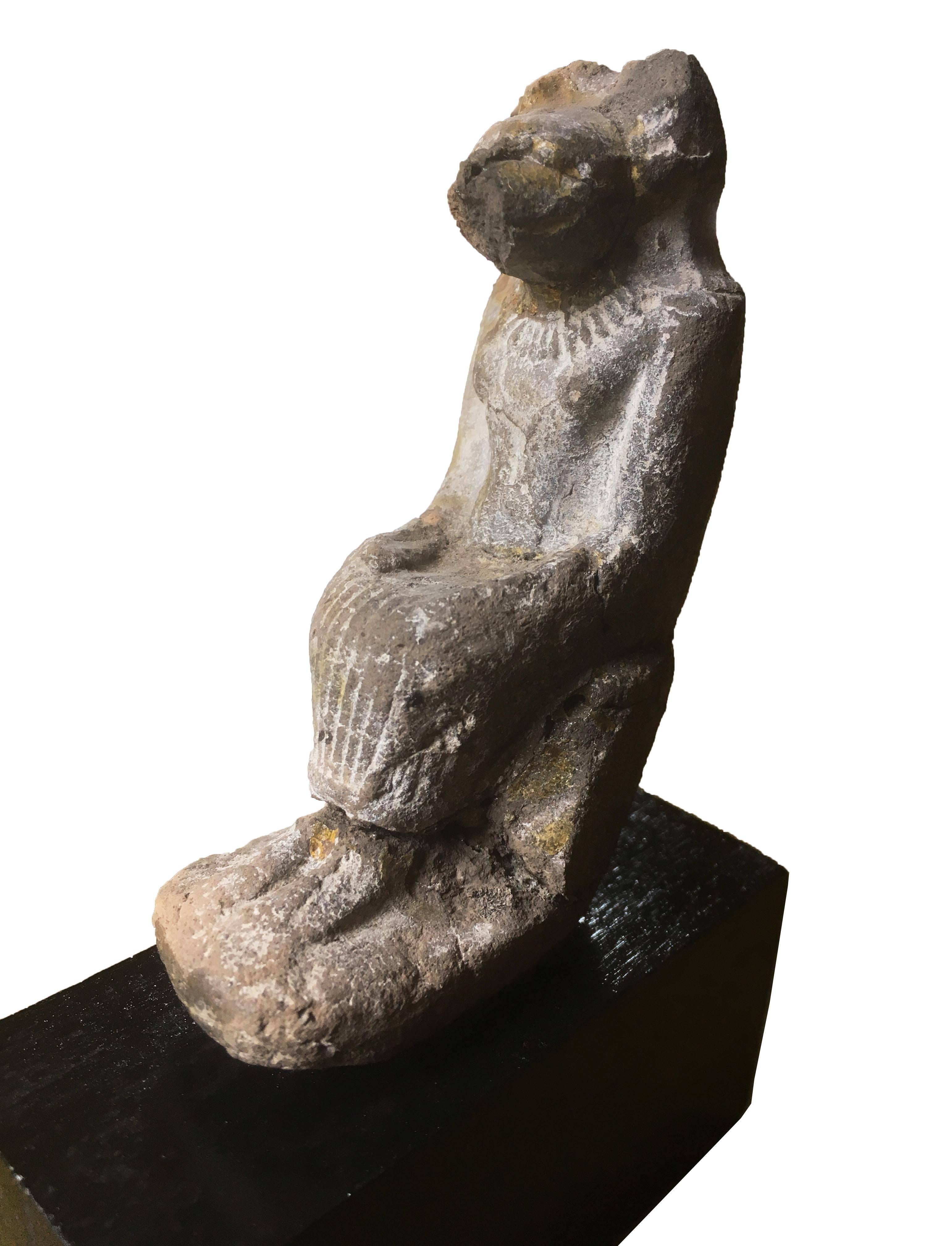 Fired Ancient Egyptian Clay Statue of the Lion-Goddess Sekhmet Enthroned