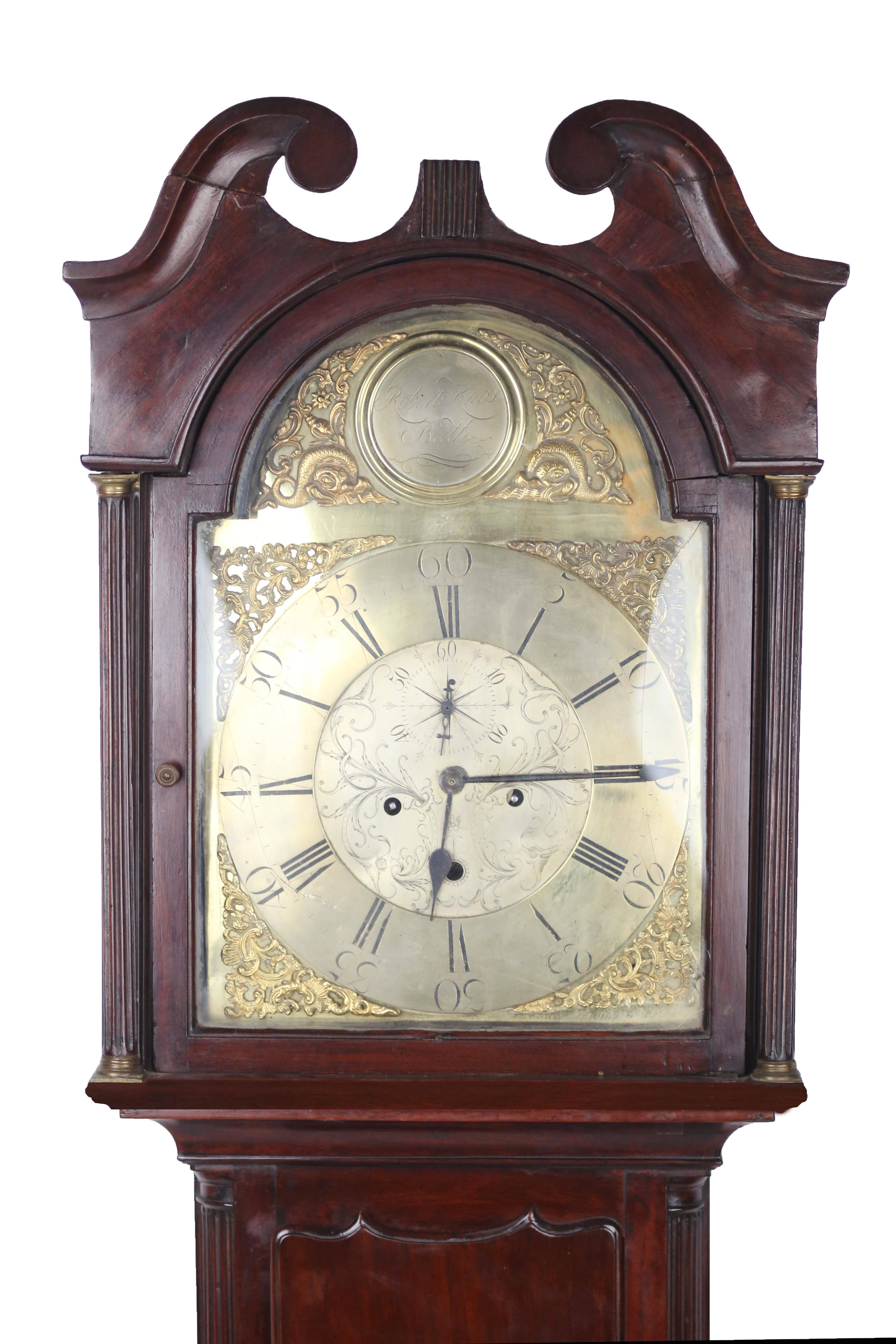 An attractive grandfather clock in mahogany with decorated brass face. Made in Scotland 1780 by clocker-maker Robert Knox.

 