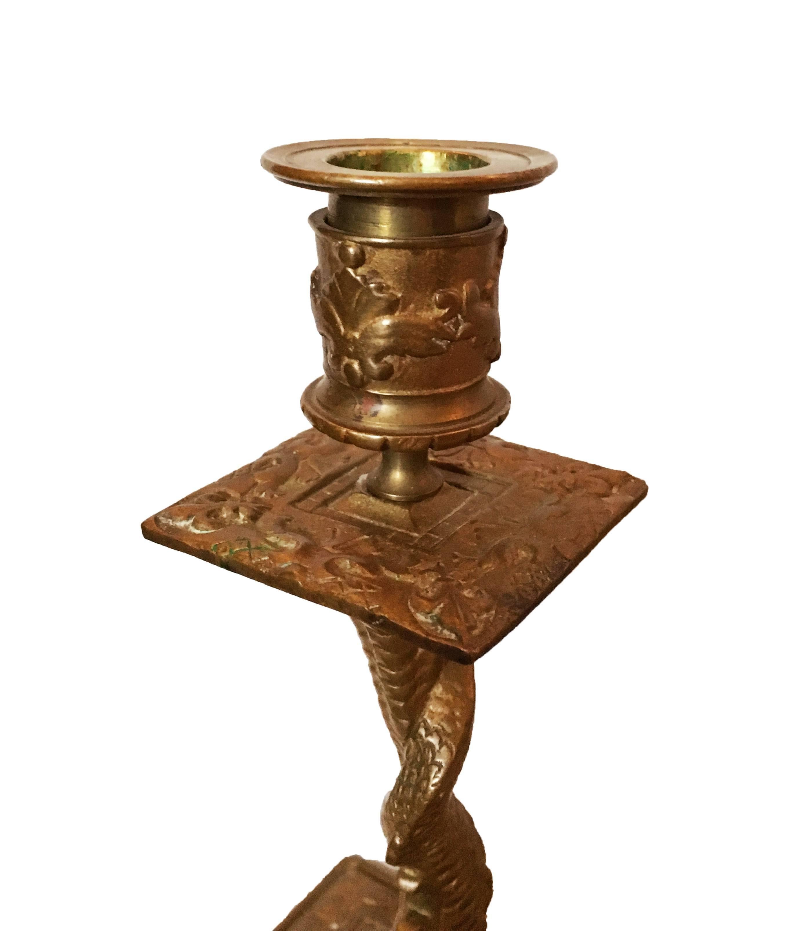 Late 19th Century Baroque Bronze Candlestick Pair with Dolphin Base 2