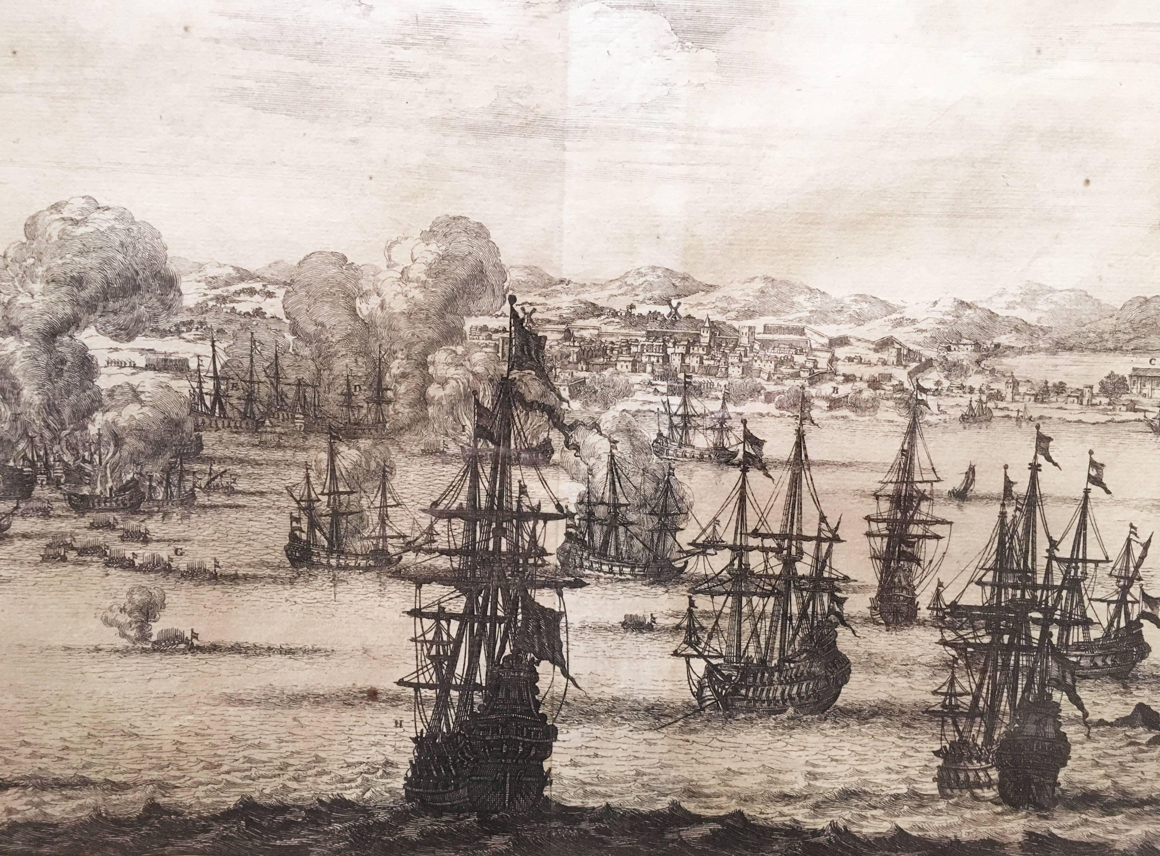 Part of the masterwork of Dutch theologian, explorer, and missionary Arnoldus Mantanus De Nieuwe en Onbekende Weereld from 1671, this theatrical scene of the Port of Lima displays a bustling Harbour full of masted ships. One of the richest cities of