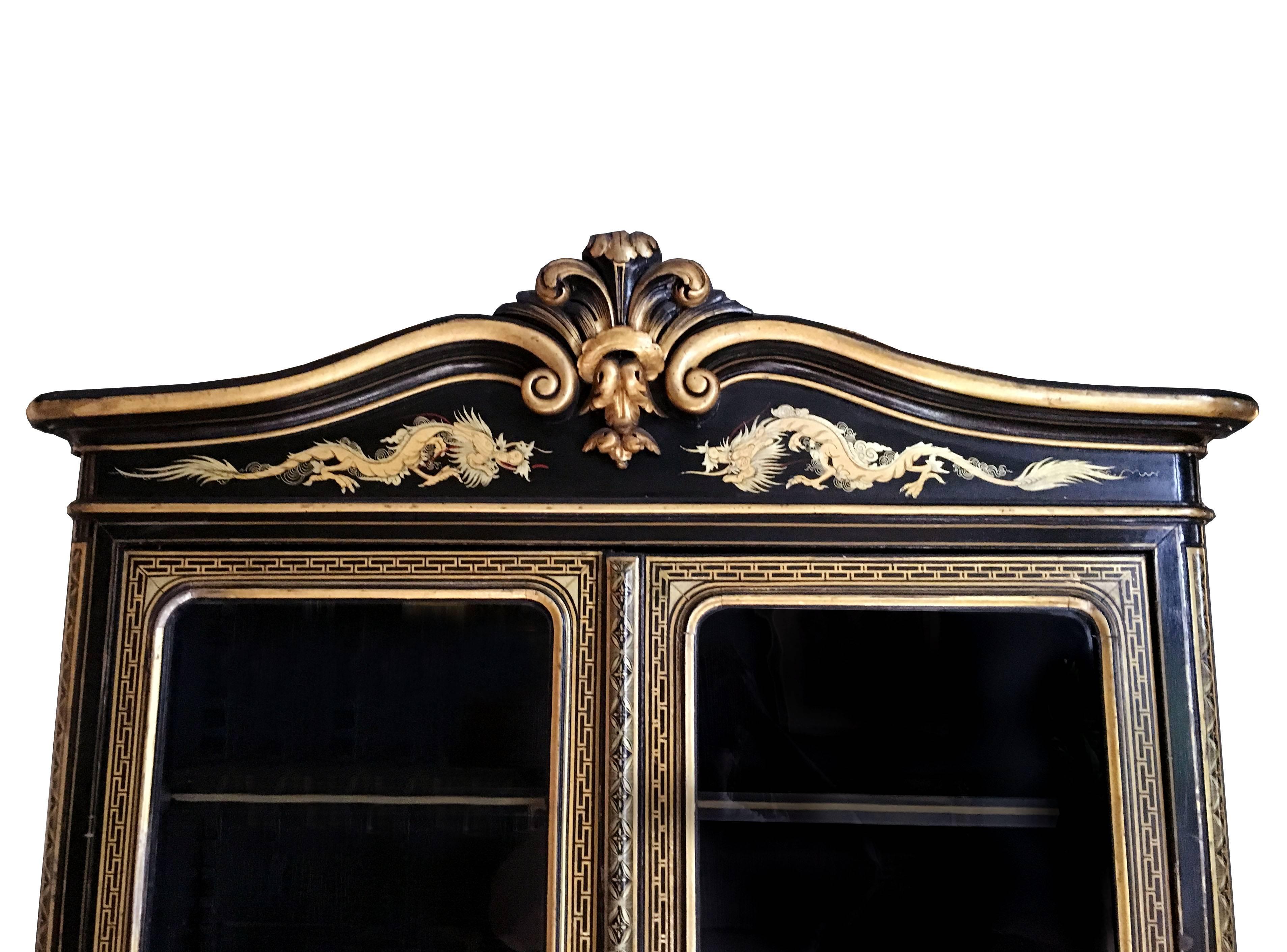 European 19th Century Chinoiserie Parcel Gilt Bookcase and Cabinet
