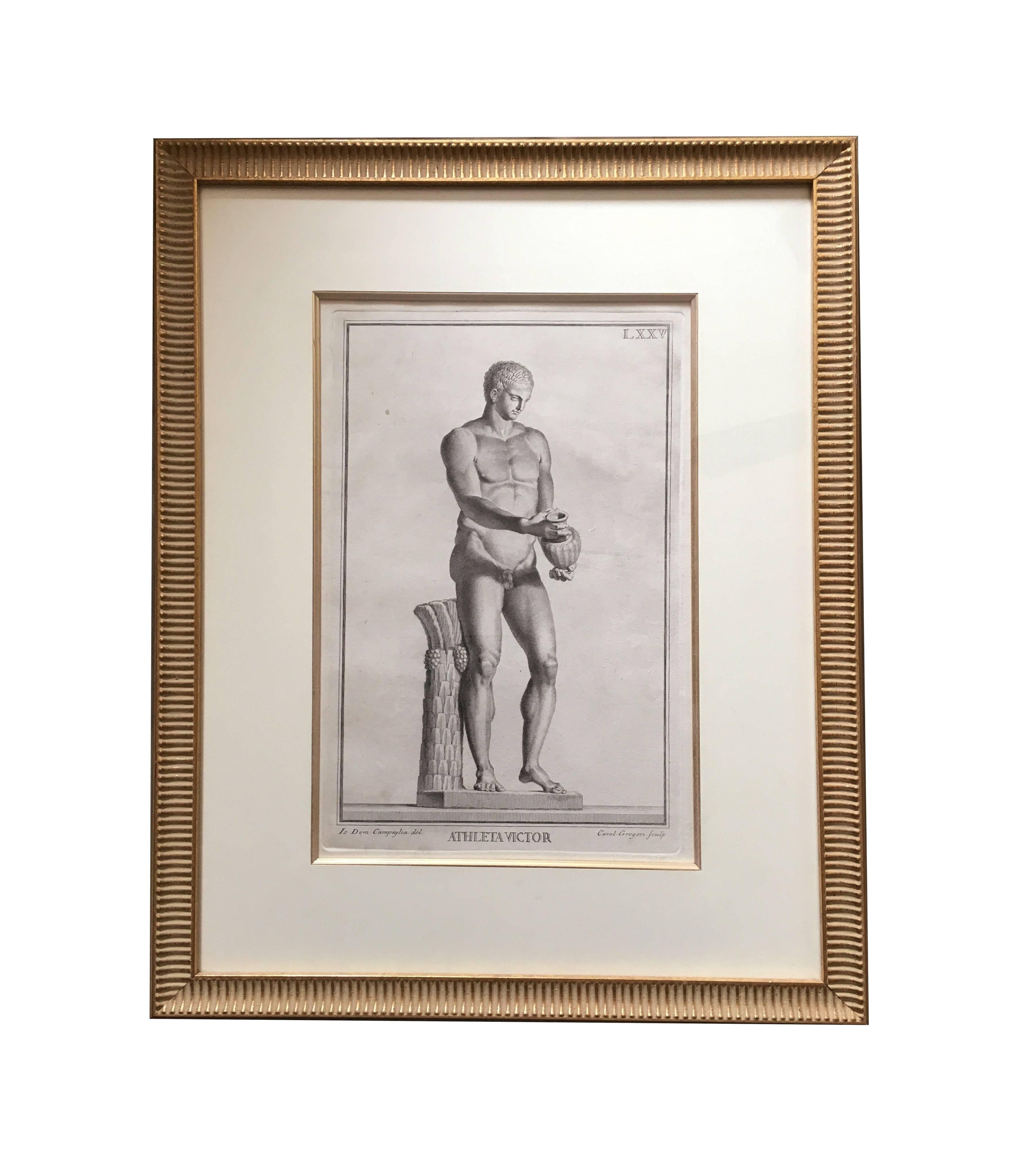Four beautiful framed copper plate etchings prepared after drawings by Giovanni Domenico Campiglia born in Lucca in 1692. The engravings were published in Museo Fioerintino out of Rome in 1760. The engravings printed in the work were executed by