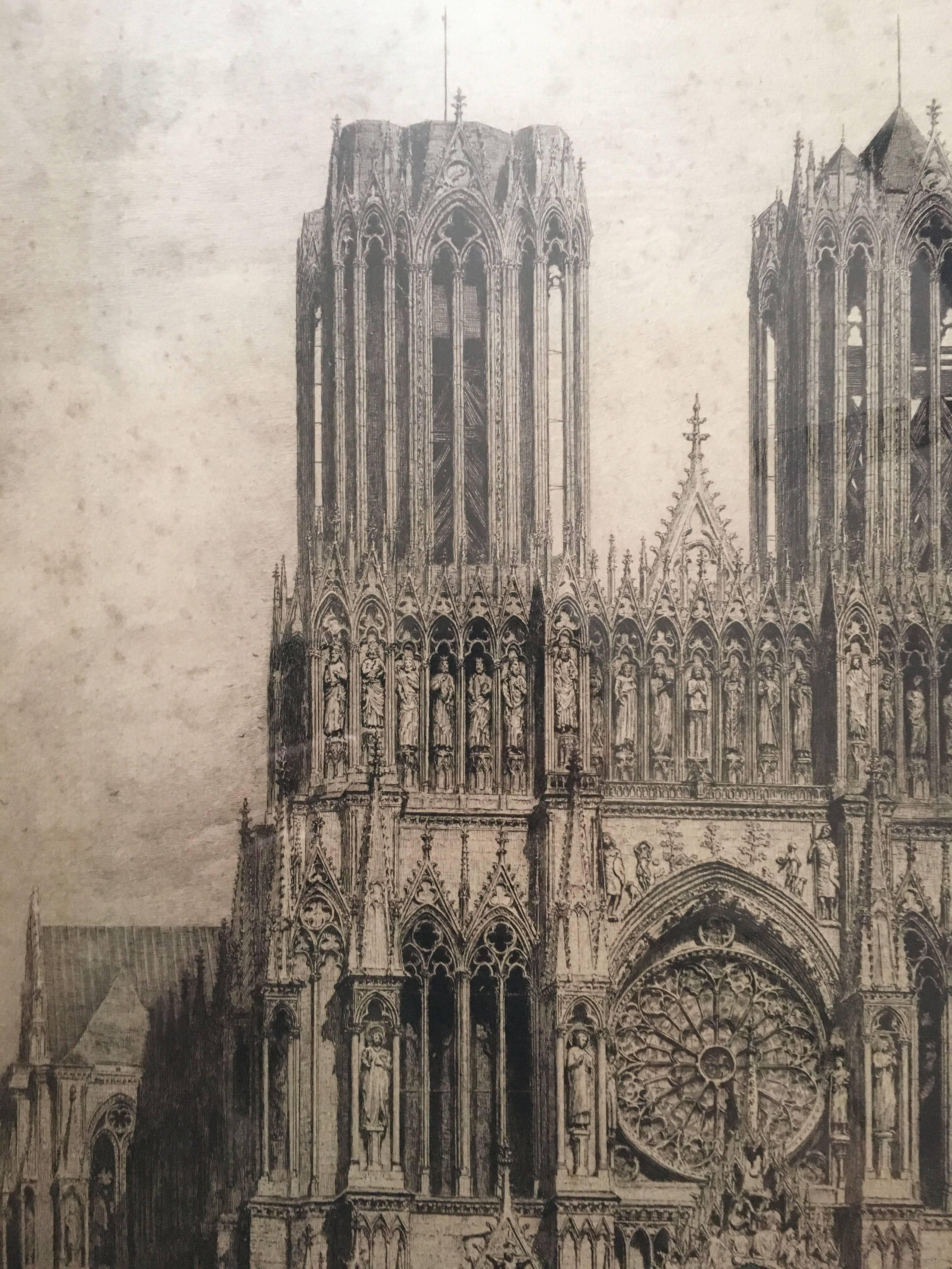Gravur der „Cathedrale de Reims“ aus dem 19. Jahrhundert (Französisch) im Angebot