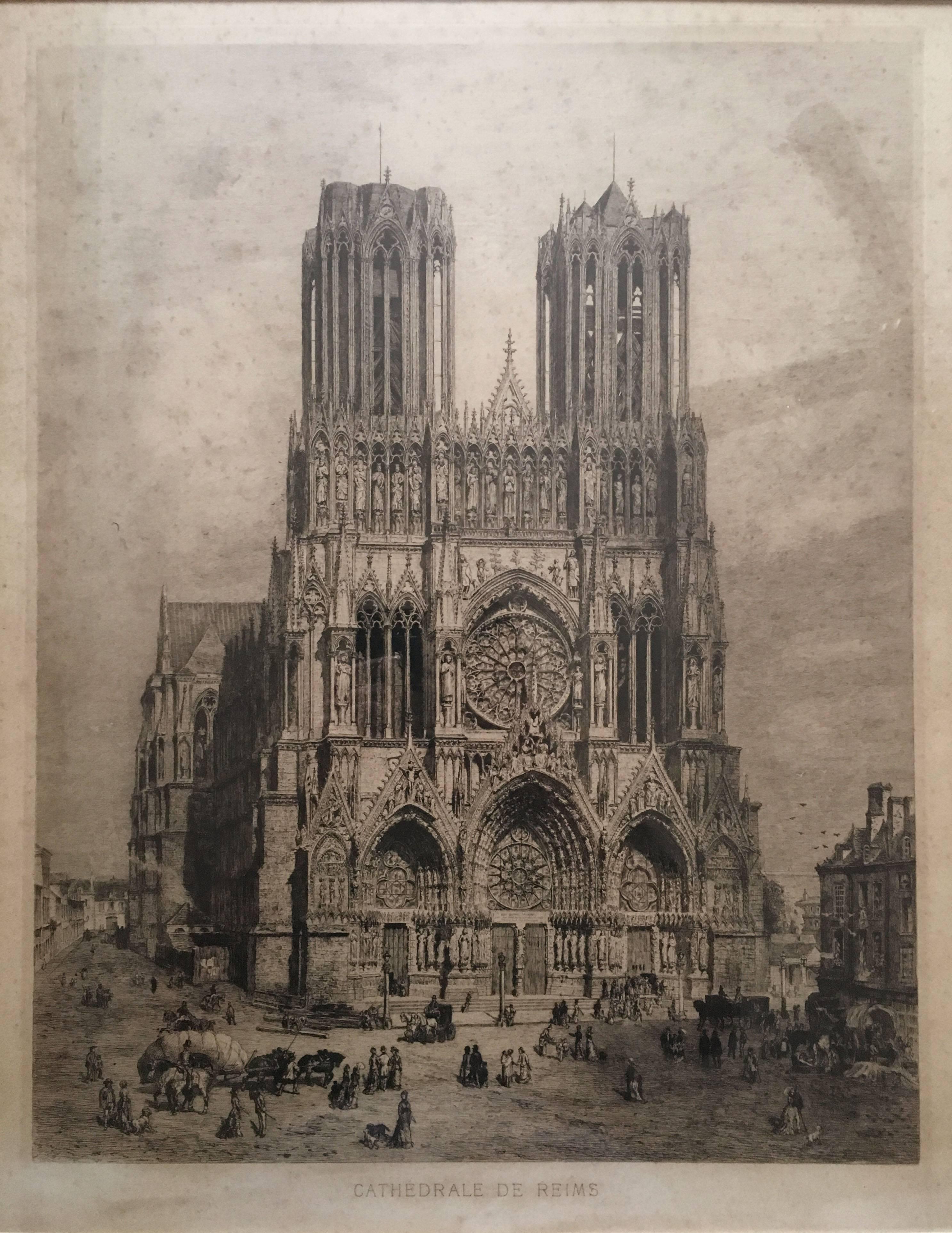 An excellent and large 19th century view of the portal of Reims Cathedral in Reims, France. The church is the seat of the Archdiocese of Reims and is the building in which the French Kings were crowned. This view likely follows the 1875 restoration
