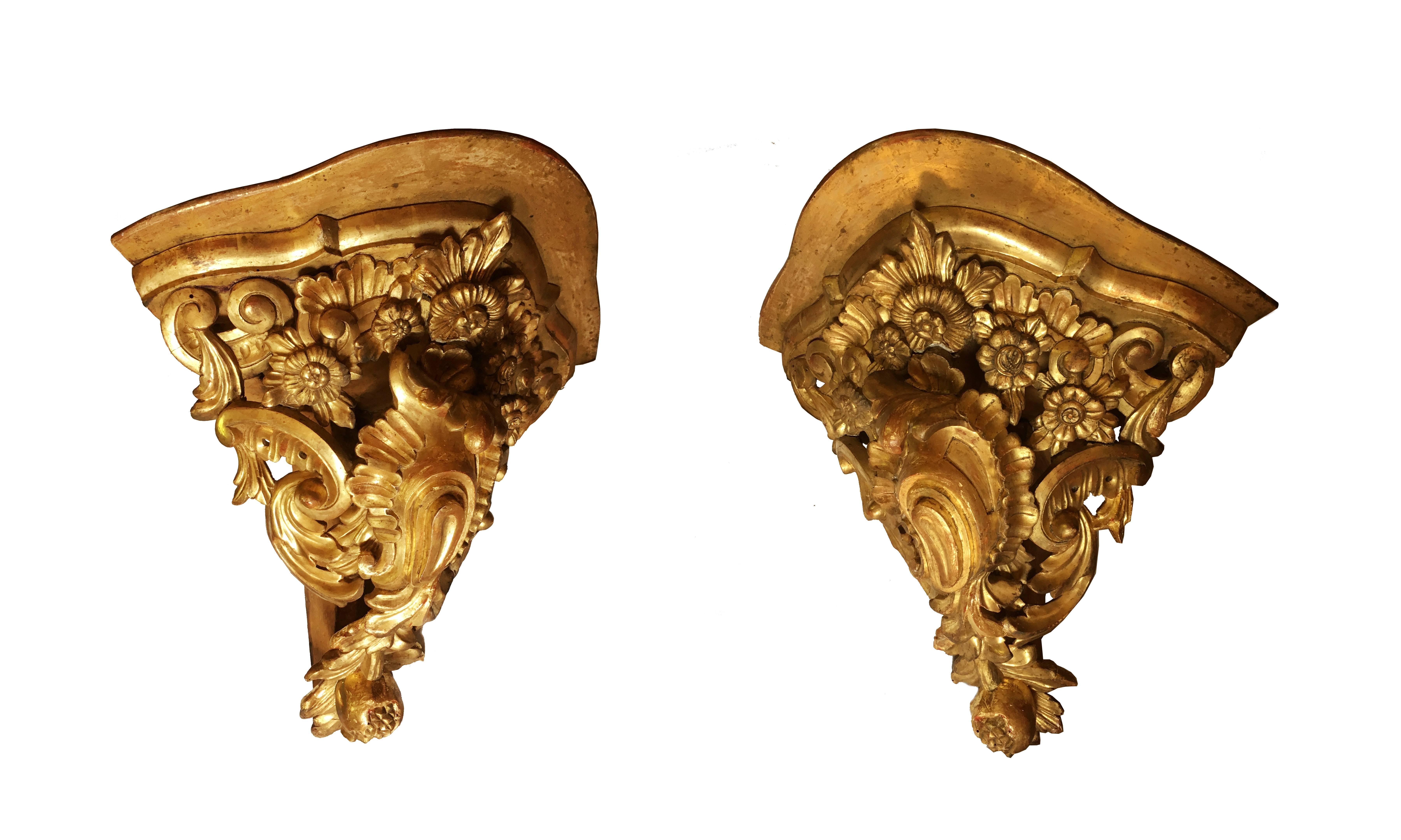 An exceptionally fine pair of Baroque wall brackets. Water gilded with excellent patina with the gold subtly transparent showing its rich red bole, the brackets are rare both for their complexity and large size. An oyster shell shaped cartouche