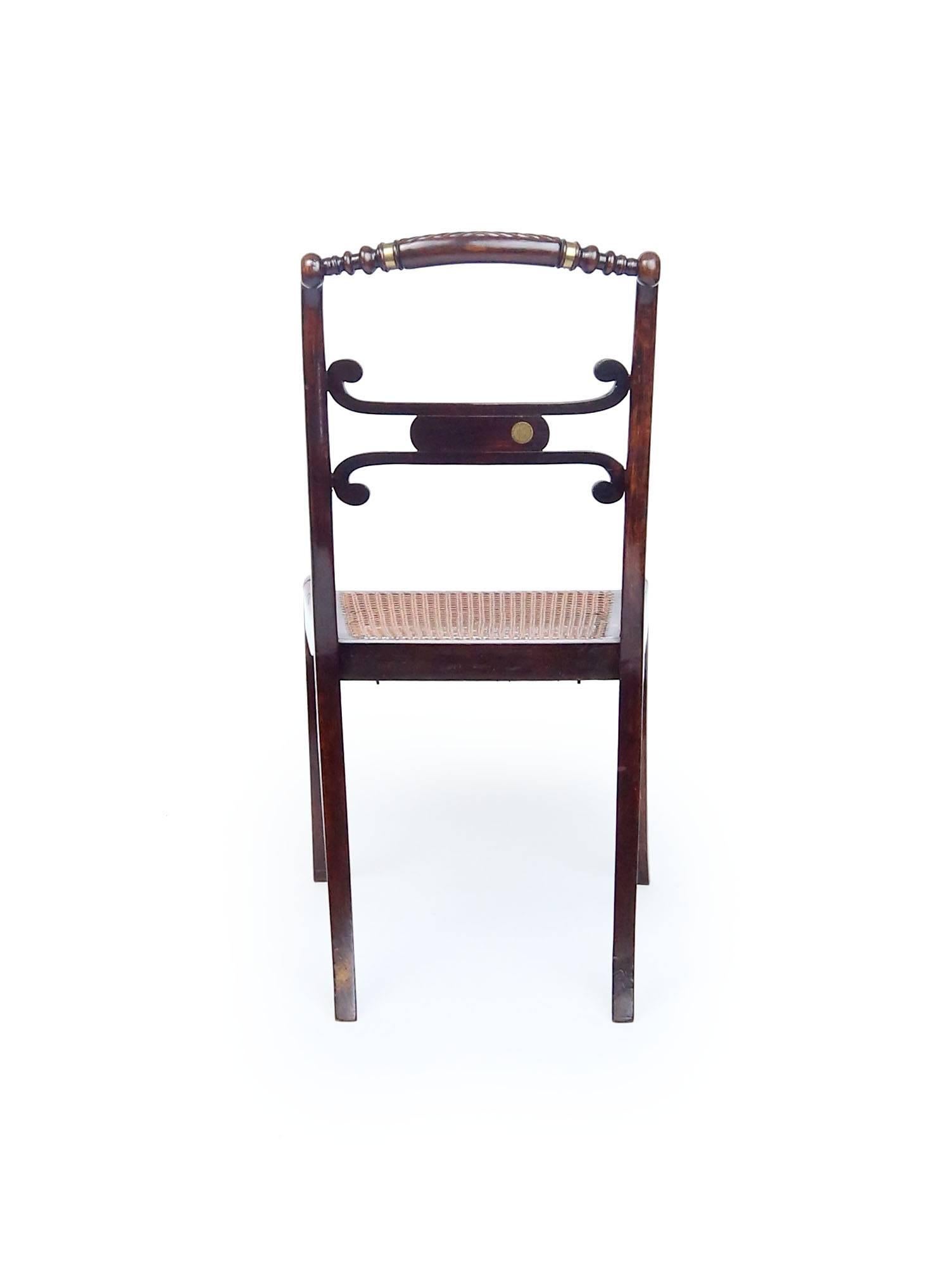 Early 19th Century Set of Four 19th Century Regency Rosewood Cane Chairs with Brass Inlay