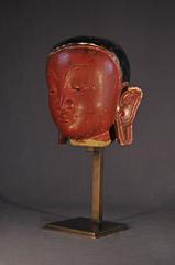 14th Century Sandstone wth Red and Black Lacquer Lohan Head, Pagan Period, Burma
