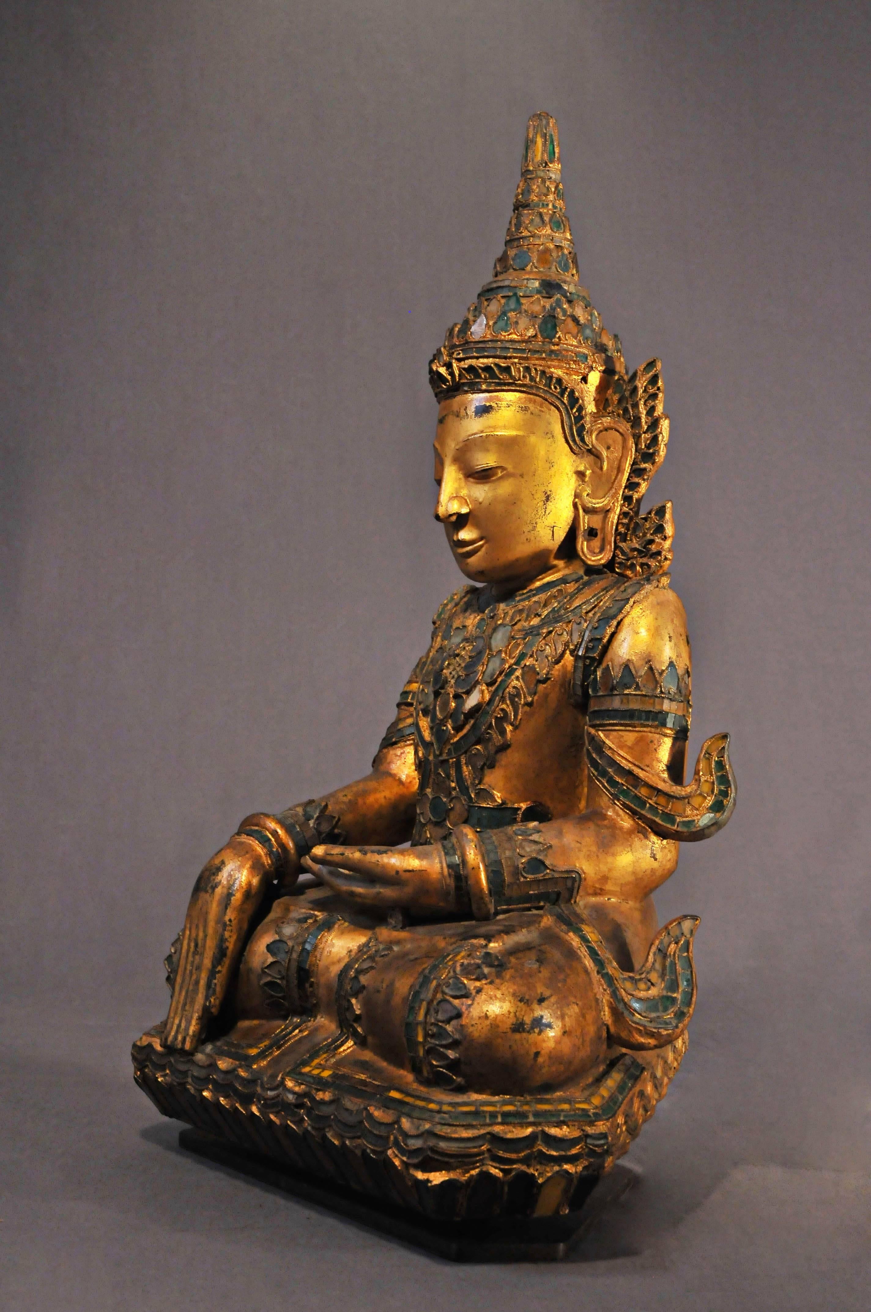 Burmese Early 19th Century, Gilt Lacquer with Glass Inlay Crowned Buddha, Thailand
