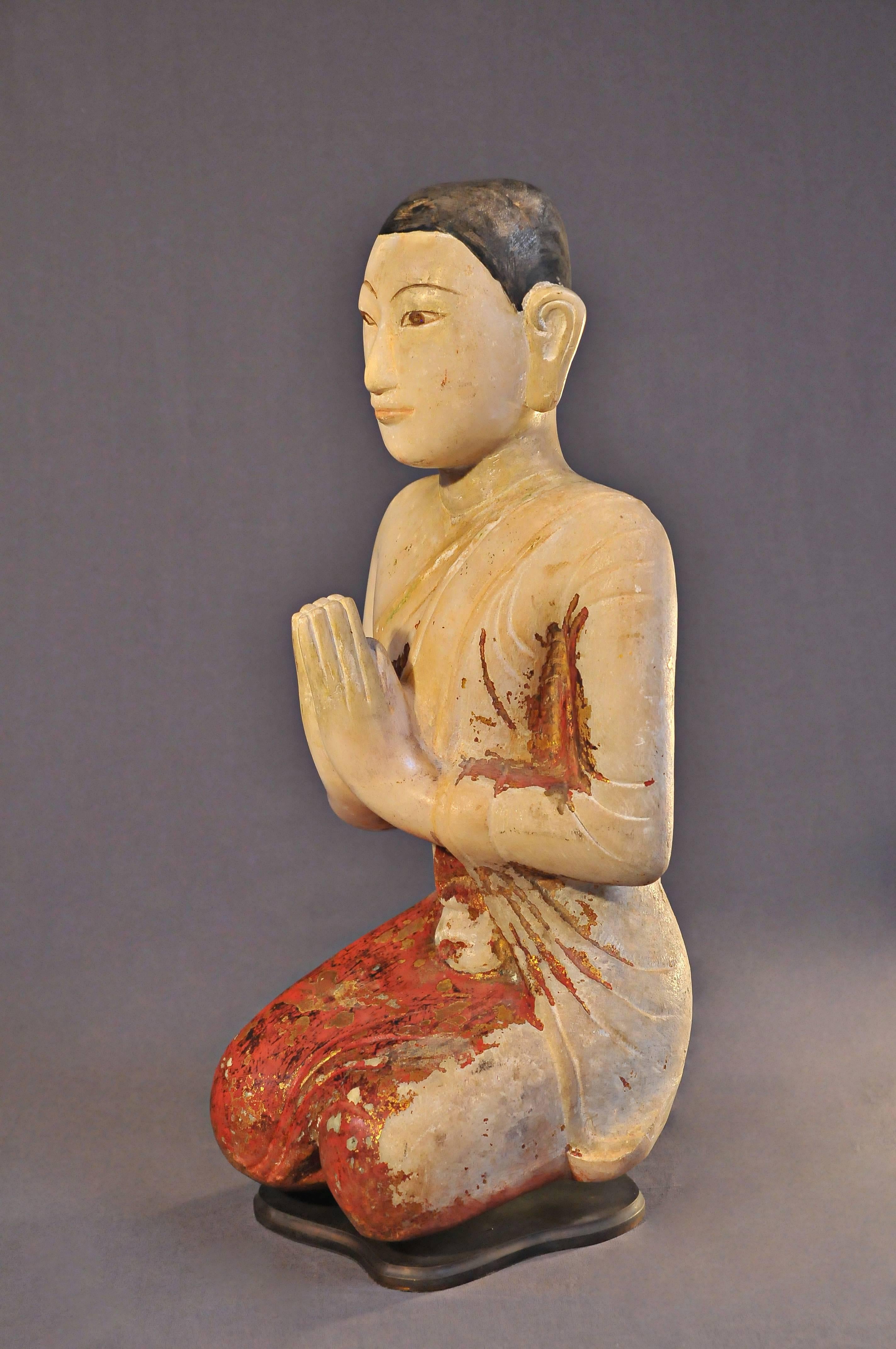 Lacquered 19th Century Alabaster with Lacquer Monk in Anjali Mudra, Mandalay, Art of Burma For Sale