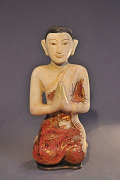 19th Century Alabaster with Lacquer Monk in Anjali Mudra, Mandalay, Art of Burma