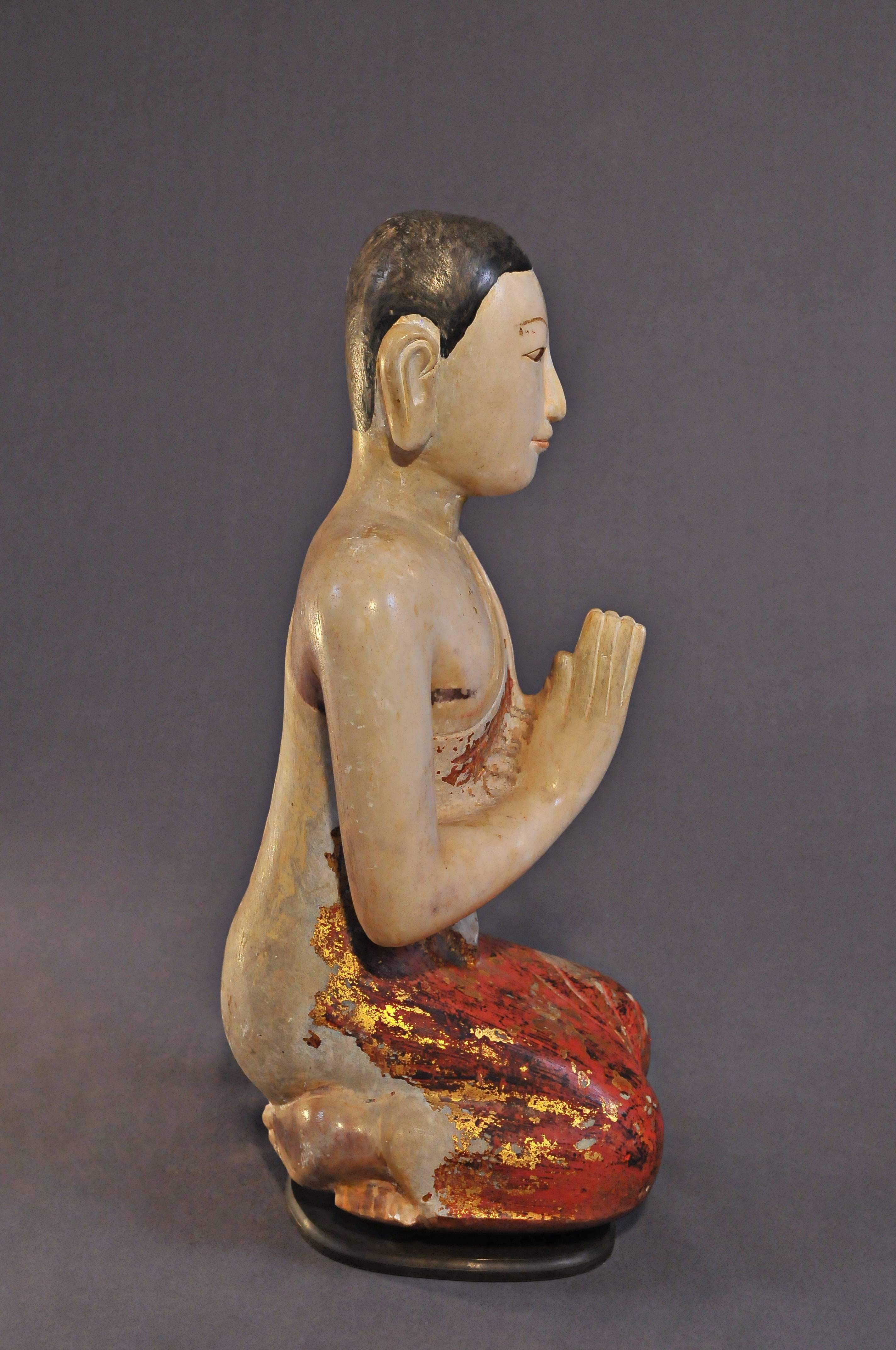 Burmese 19th Century Alabaster with Lacquer Monk in Anjali Mudra, Mandalay, Art of Burma For Sale