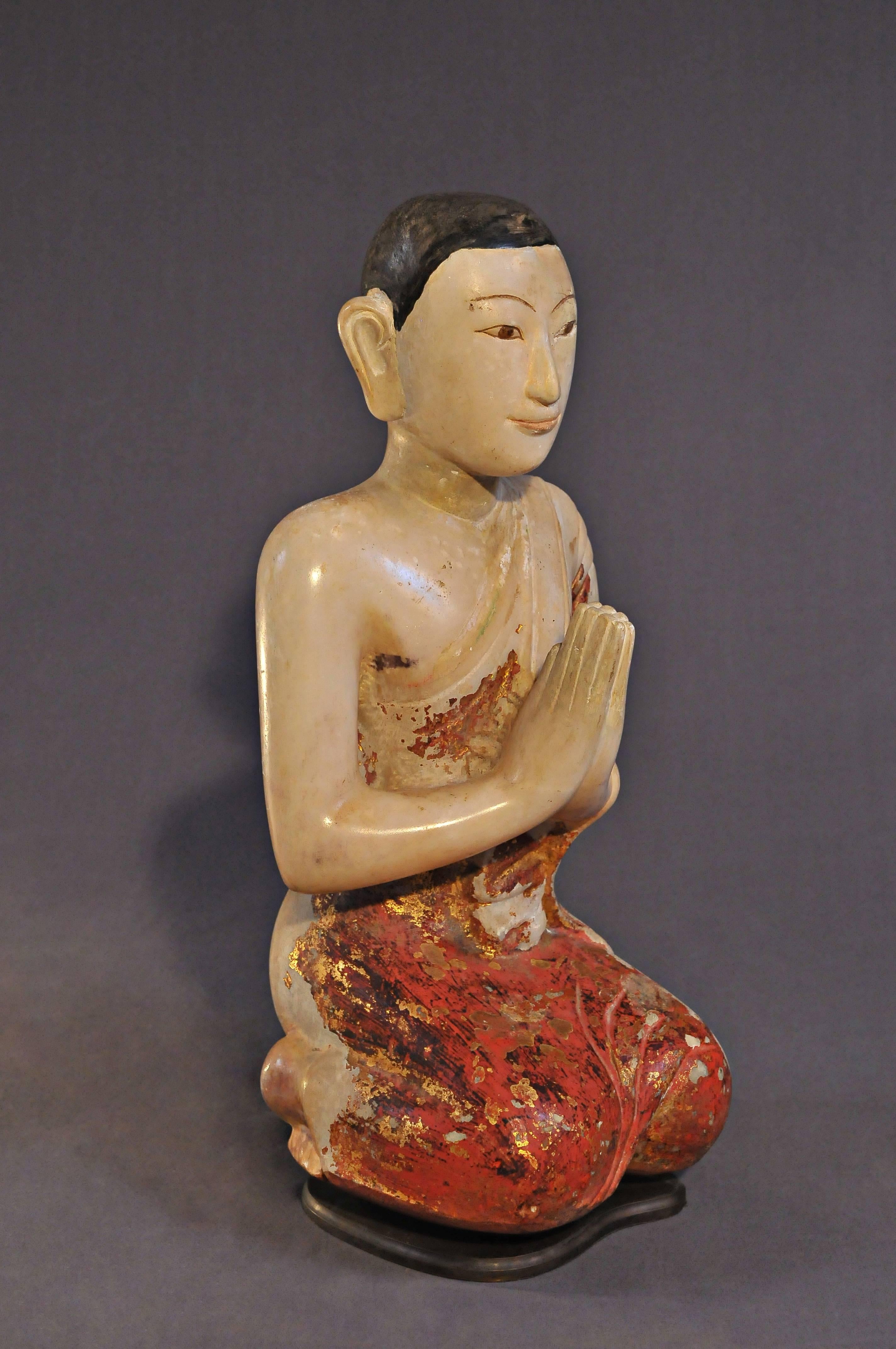 Other 19th Century Alabaster with Lacquer Monk in Anjali Mudra, Mandalay, Art of Burma For Sale