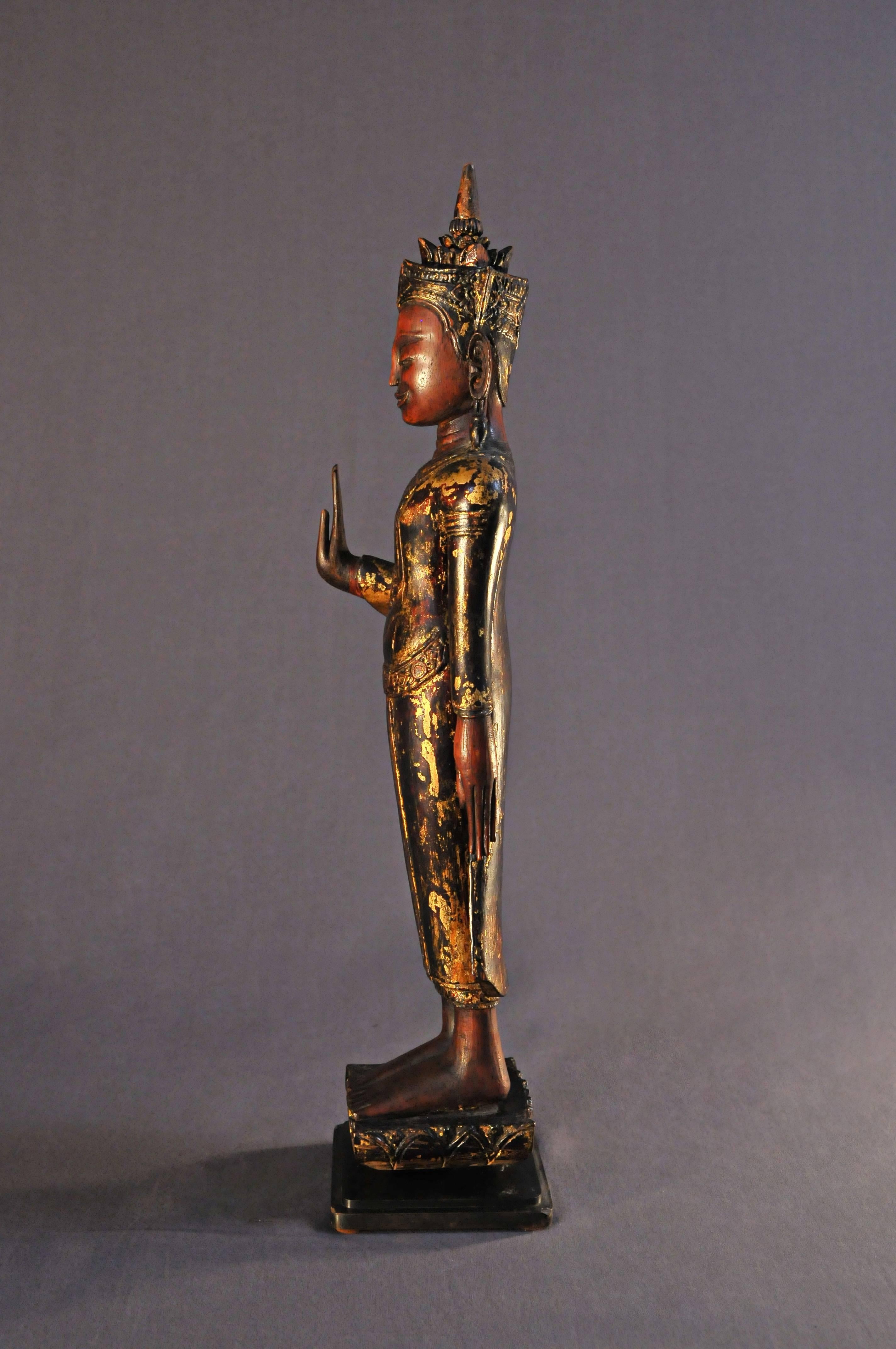 Carved 19th Century, Crowned Standing Buddha in Abhaya Mudra, Art of Thailand