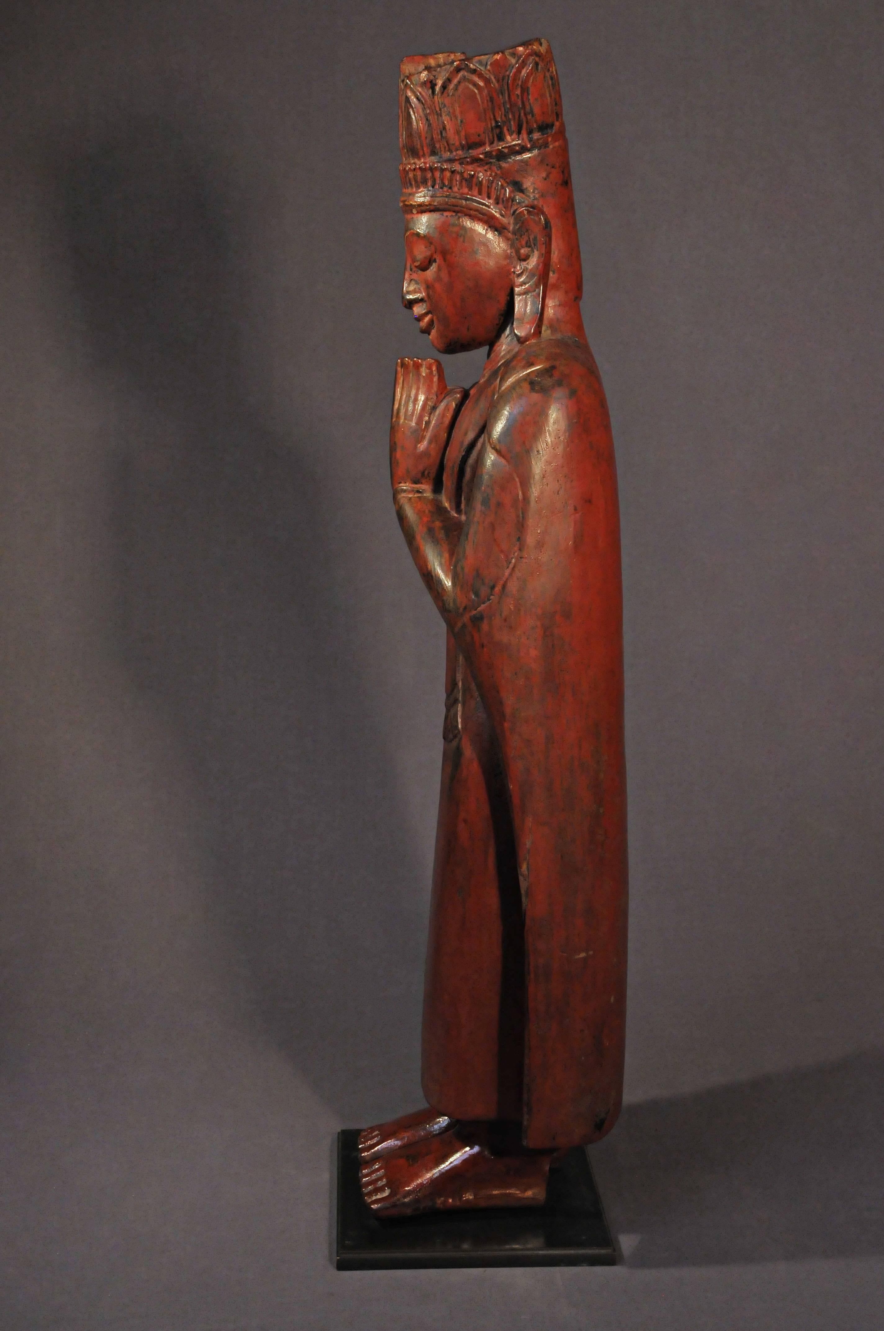 Hand-Carved 16th Century, Lacquered Wood Standing Monks in Anjali Mudra, Pagan Period, Burma