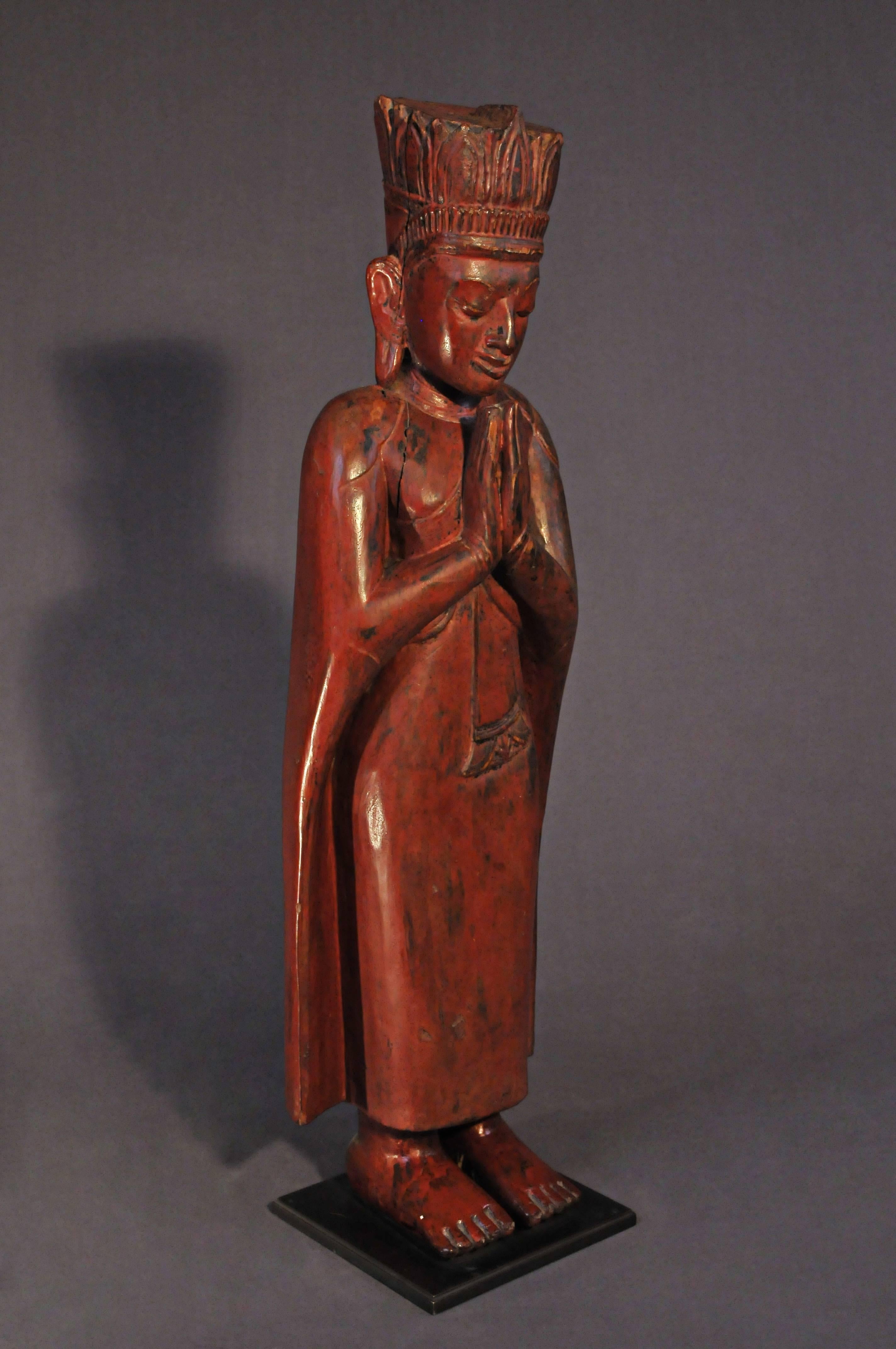 16th Century, Lacquered Wood Standing Monks in Anjali Mudra, Pagan Period, Burma 1